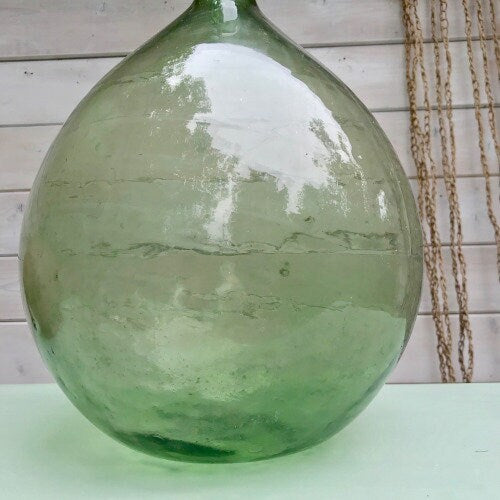 XXL Dame jeanne vert pale 40L saber neck, blow glass antique french vase, vintage dame jeanne 1900s