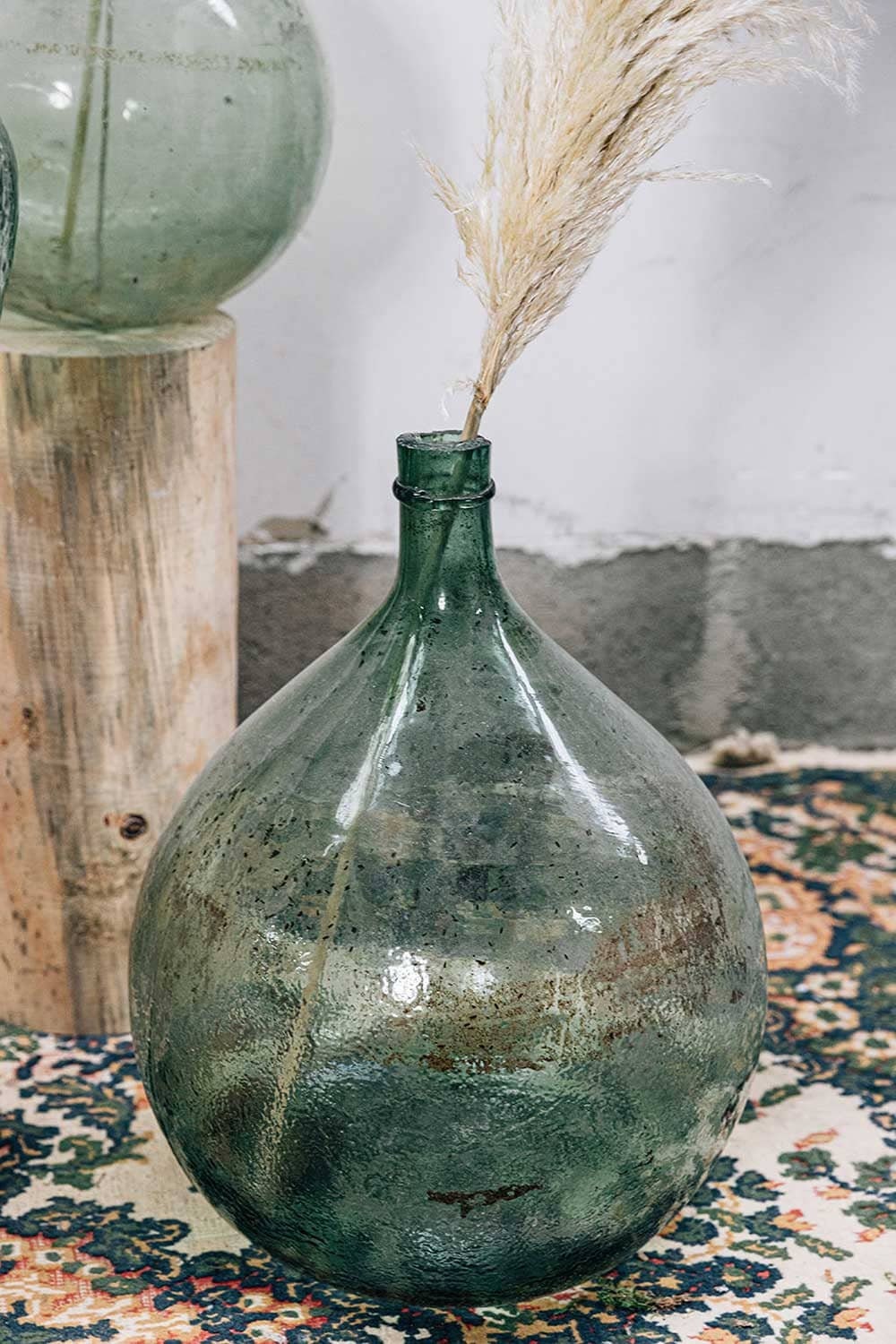 Antique demijohn/ Dame Jeanne blow glassware 15L olive green color saber neck 1960s