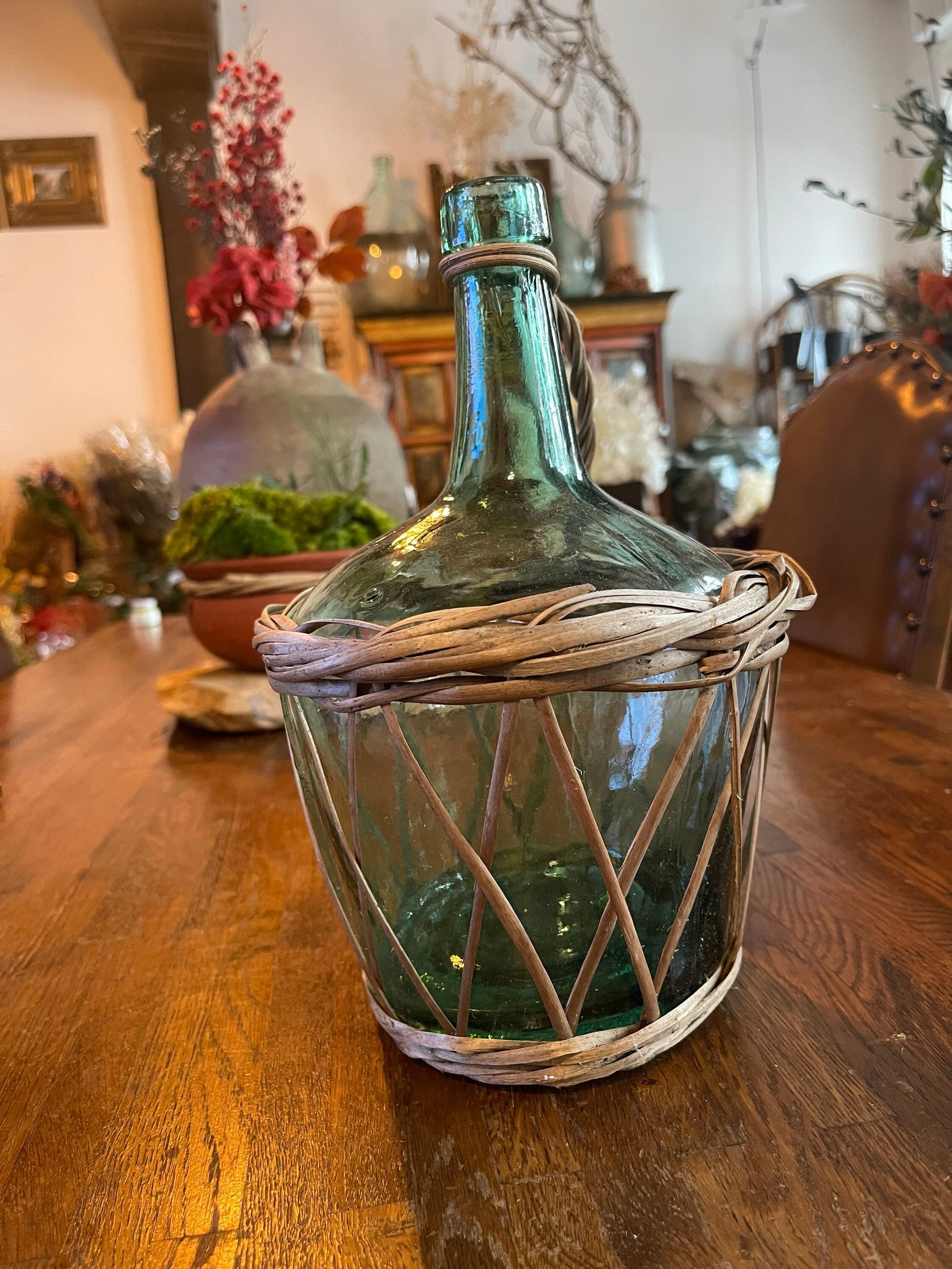 Vintage French Dame Jeanne 2L rattan light green