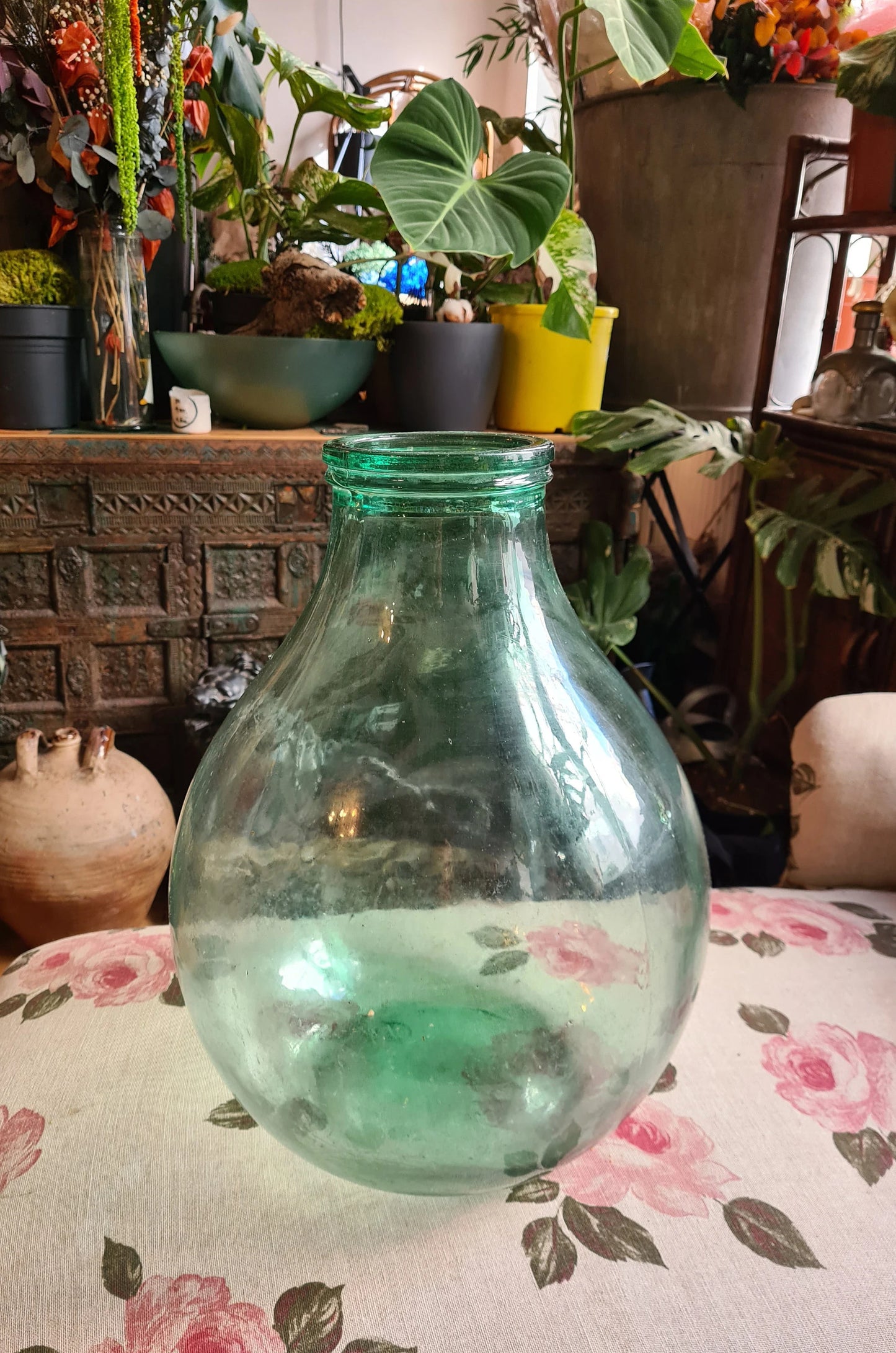 AncienXL size 22L Antique French Demijohn/Dame jeanne light green grande ouverture terrarium