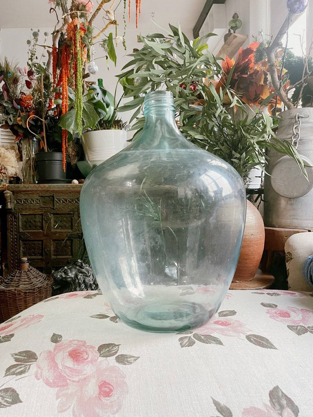 XL Unusual form rare Demijohn transparent 40L, antique glassware 1900s