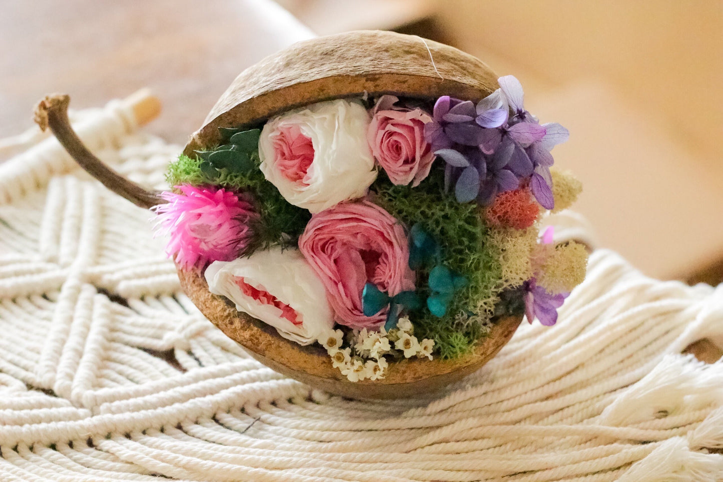 Preseved rose peony table decoration, rustic decoration, moss decor