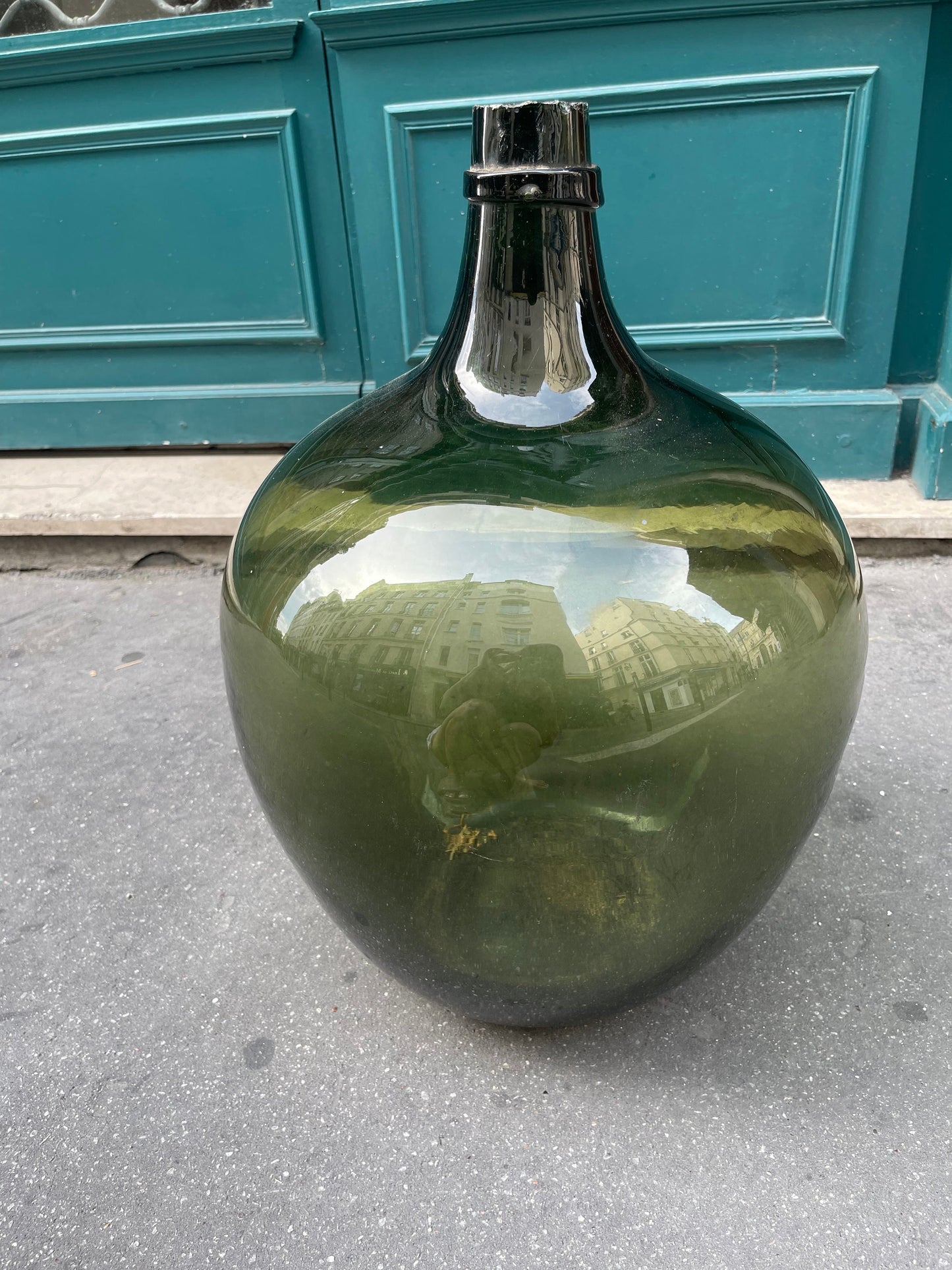Rare huge Demijohn carboy 30L dark green moss Alsacien dame jeanne cicara 1900s , saber neck