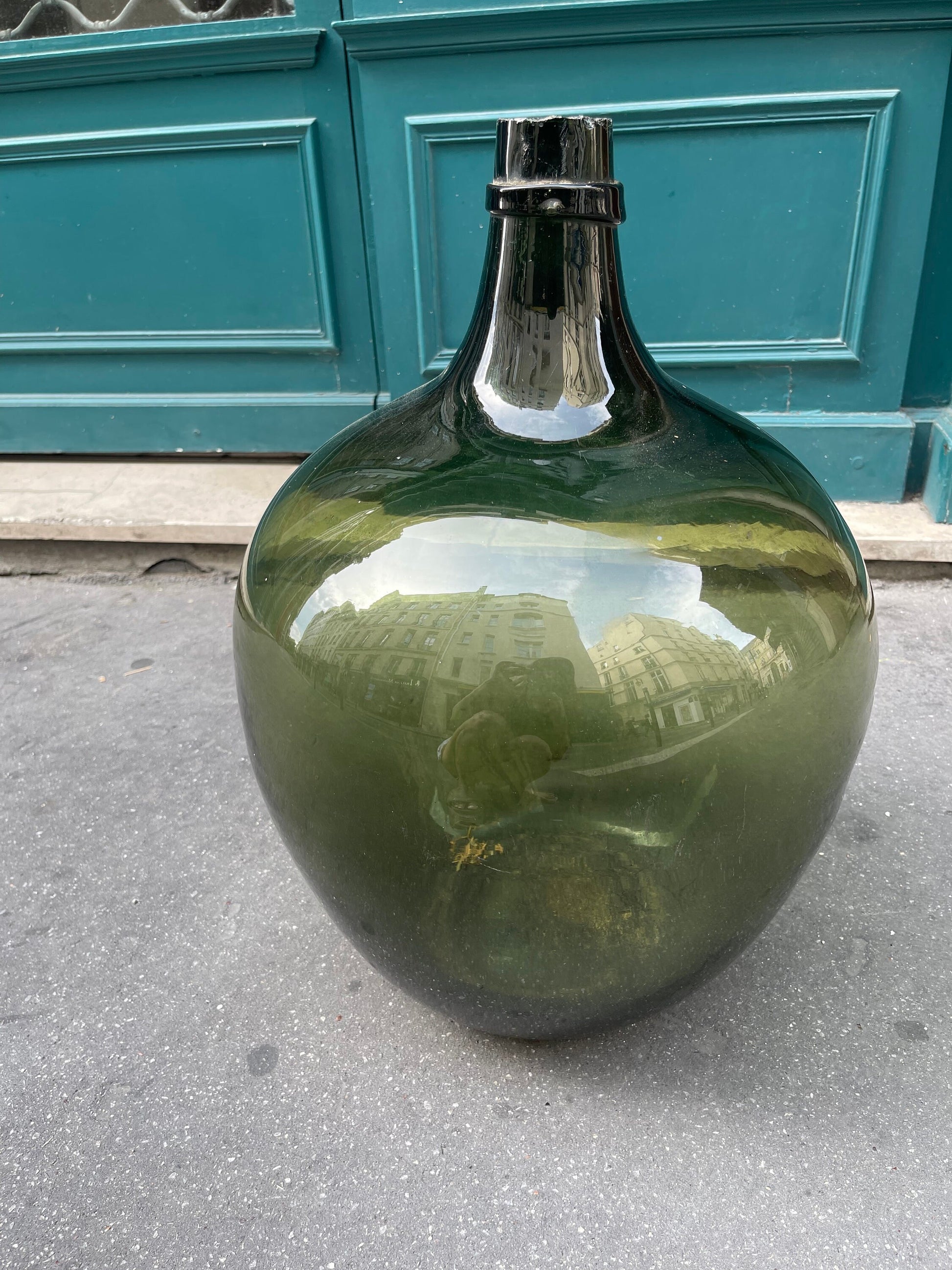 Rare huge Demijohn carboy 30L dark green moss Alsacien dame jeanne cicara 1900s , saber neck