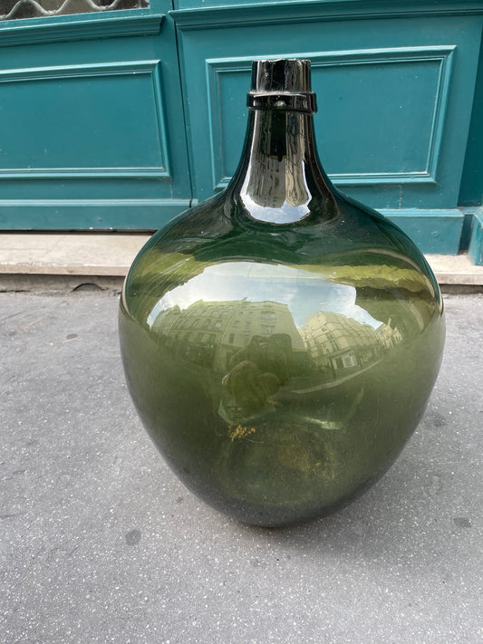 Rare huge Demijohn carboy 30L dark green moss Alsacien dame jeanne cicara 1900s , saber neck