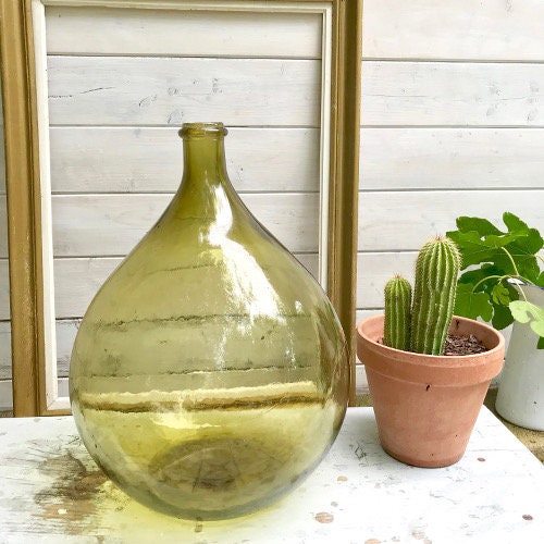 XXL size French Dame Jeanne vert 54L ancien 1960s vintage, antique vase