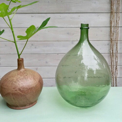 XXL Dame jeanne vert pale 40L saber neck, blow glass antique french vase, vintage dame jeanne 1900s