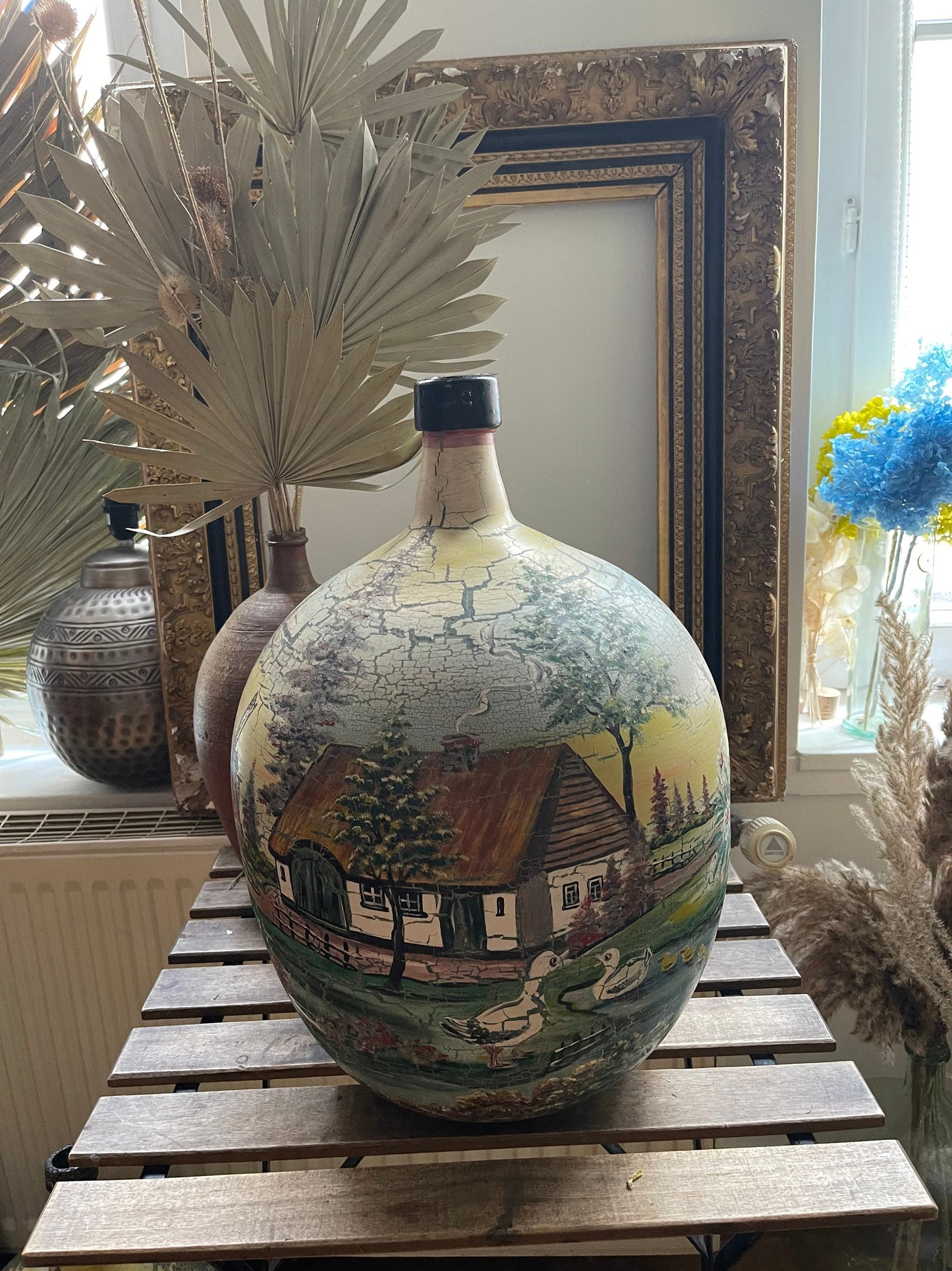 Ancien Dame Jeanne 20L peint à main, dame jeanne antique, vintage vase 1960