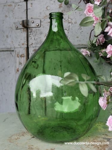 XXL antique French Dame jeanne 54L vert intense 1960s, antique Demijohn, vintage vase, chic decoration
