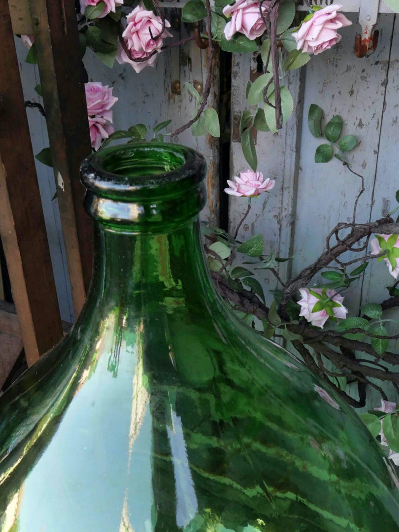XXL antique French Dame jeanne 54L vert intense 1960s, antique Demijohn, vintage vase, chic decoration