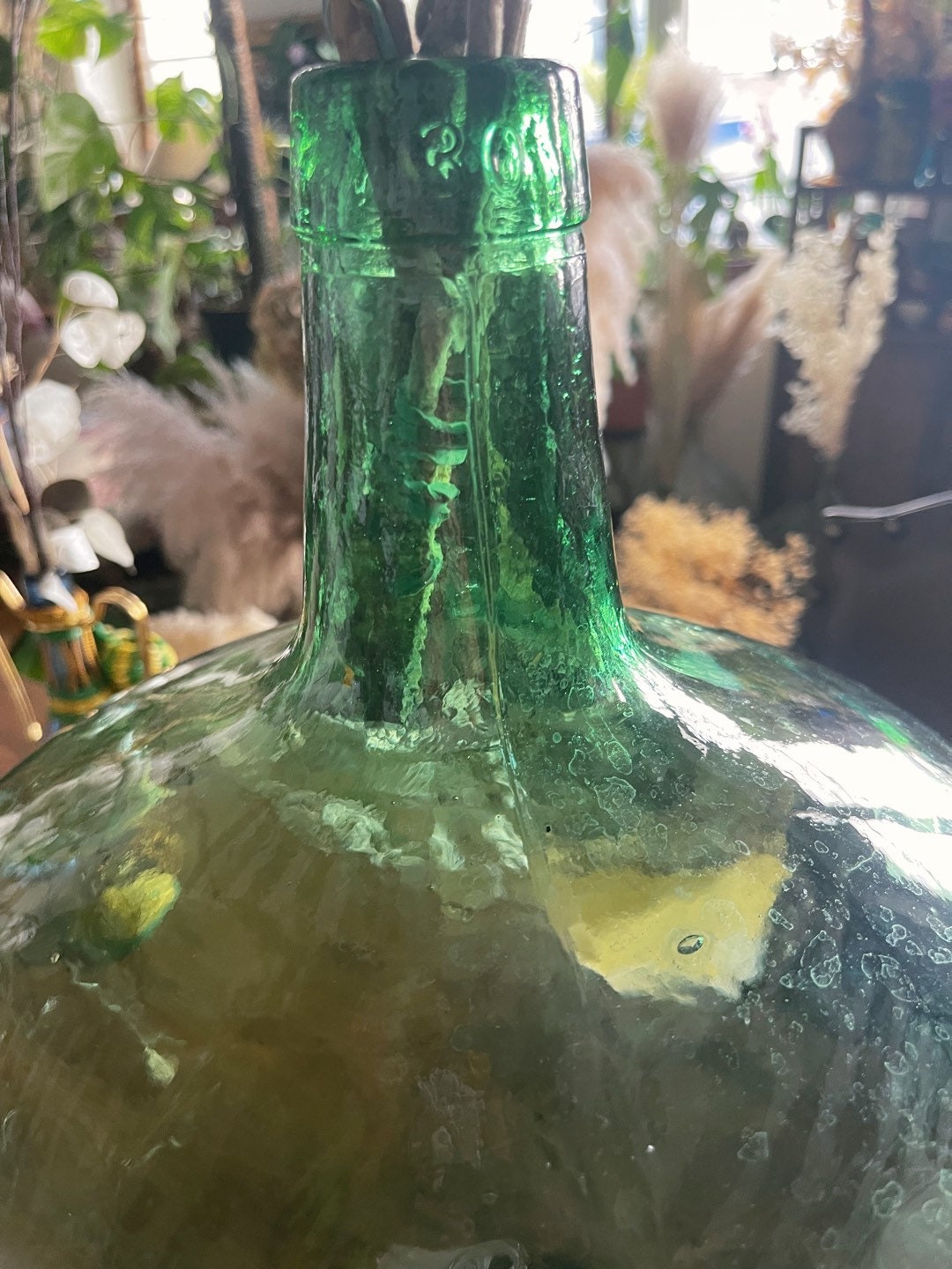 XL size antique French Dame jeanne visera 30L green color 1960s