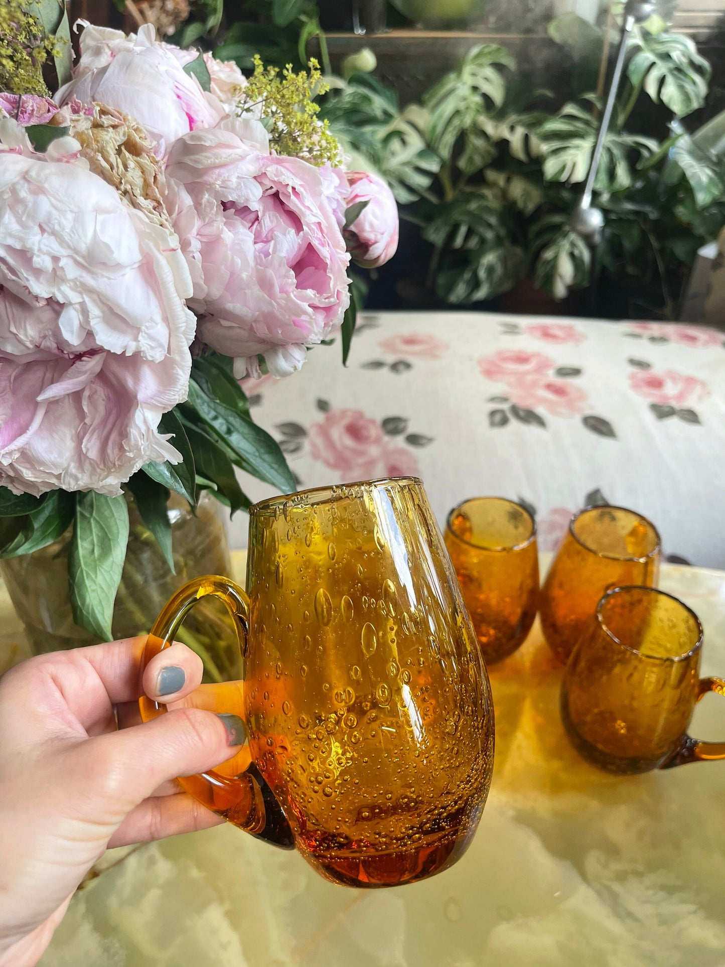 Pack of 5 Ancien BIOT bubbled glassware -bubble blown amber glass - Decorative bubble amber beer chope 50-60s