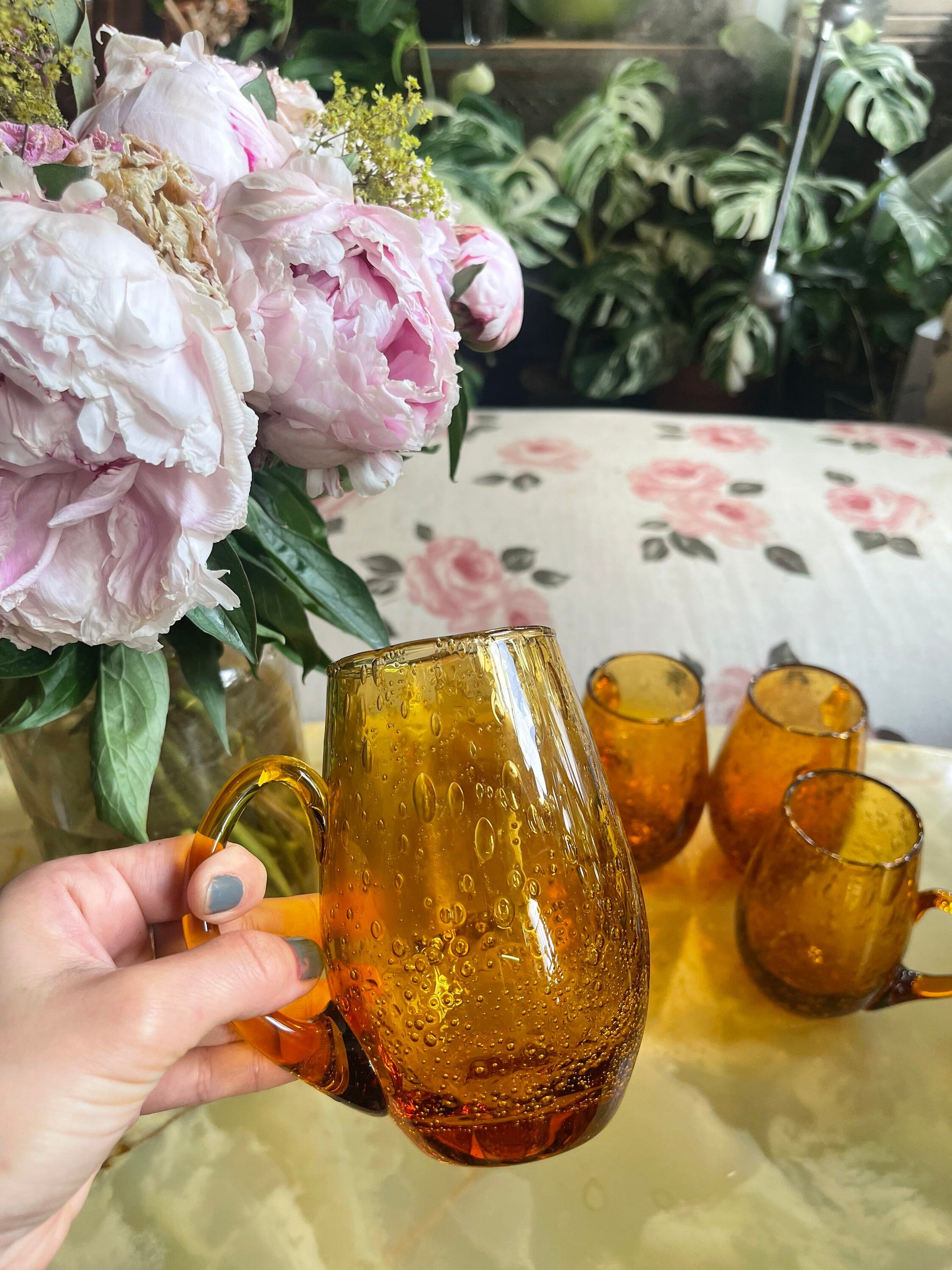 Pack of 5 Ancien BIOT bubbled glassware -bubble blown amber glass - Decorative bubble amber beer chope 50-60s