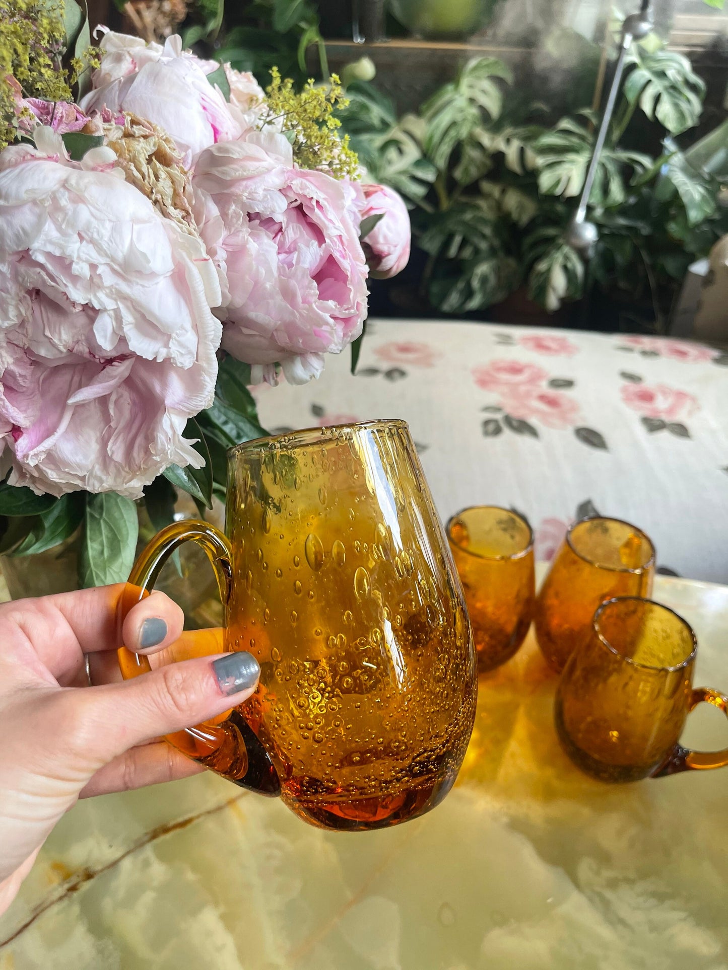 Pack of 5 Ancien BIOT bubbled glassware -bubble blown amber glass - Decorative bubble amber beer chope 50-60s