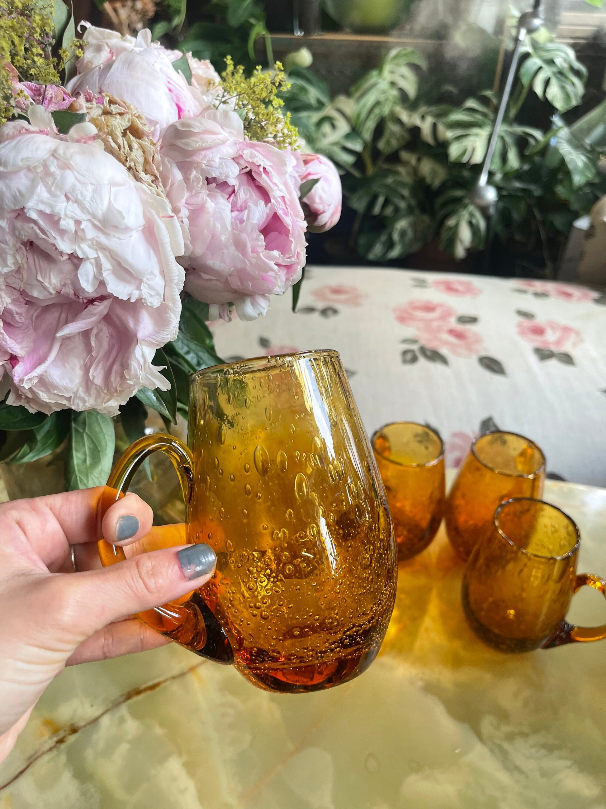 Pack of 5 Ancien BIOT bubbled glassware -bubble blown amber glass - Decorative bubble amber beer chope 50-60s