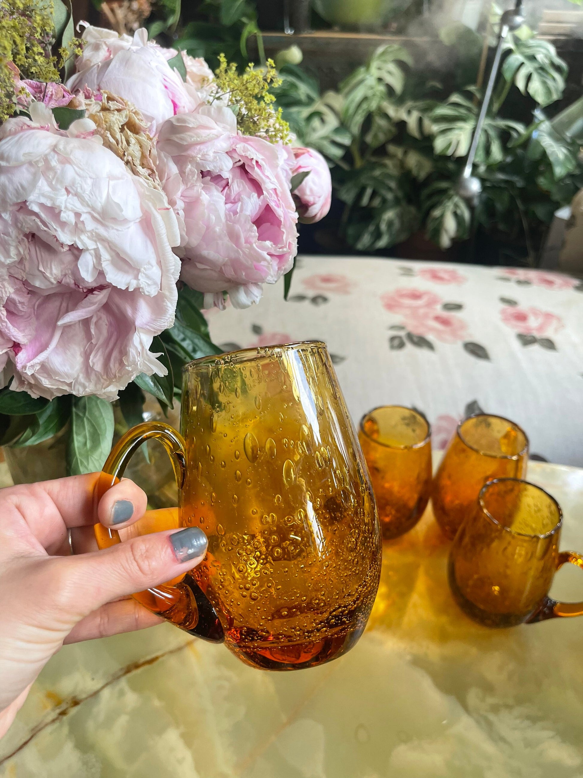 Pack of 5 Ancien BIOT bubbled glassware -bubble blown amber glass - Decorative bubble amber beer chope 50-60s