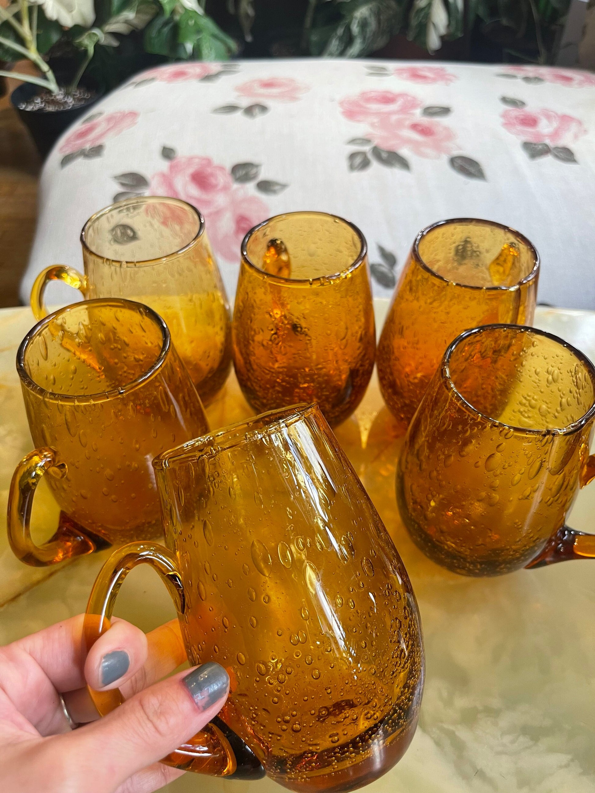Pack of 5 Ancien BIOT bubbled glassware -bubble blown amber glass - Decorative bubble amber beer chope 50-60s