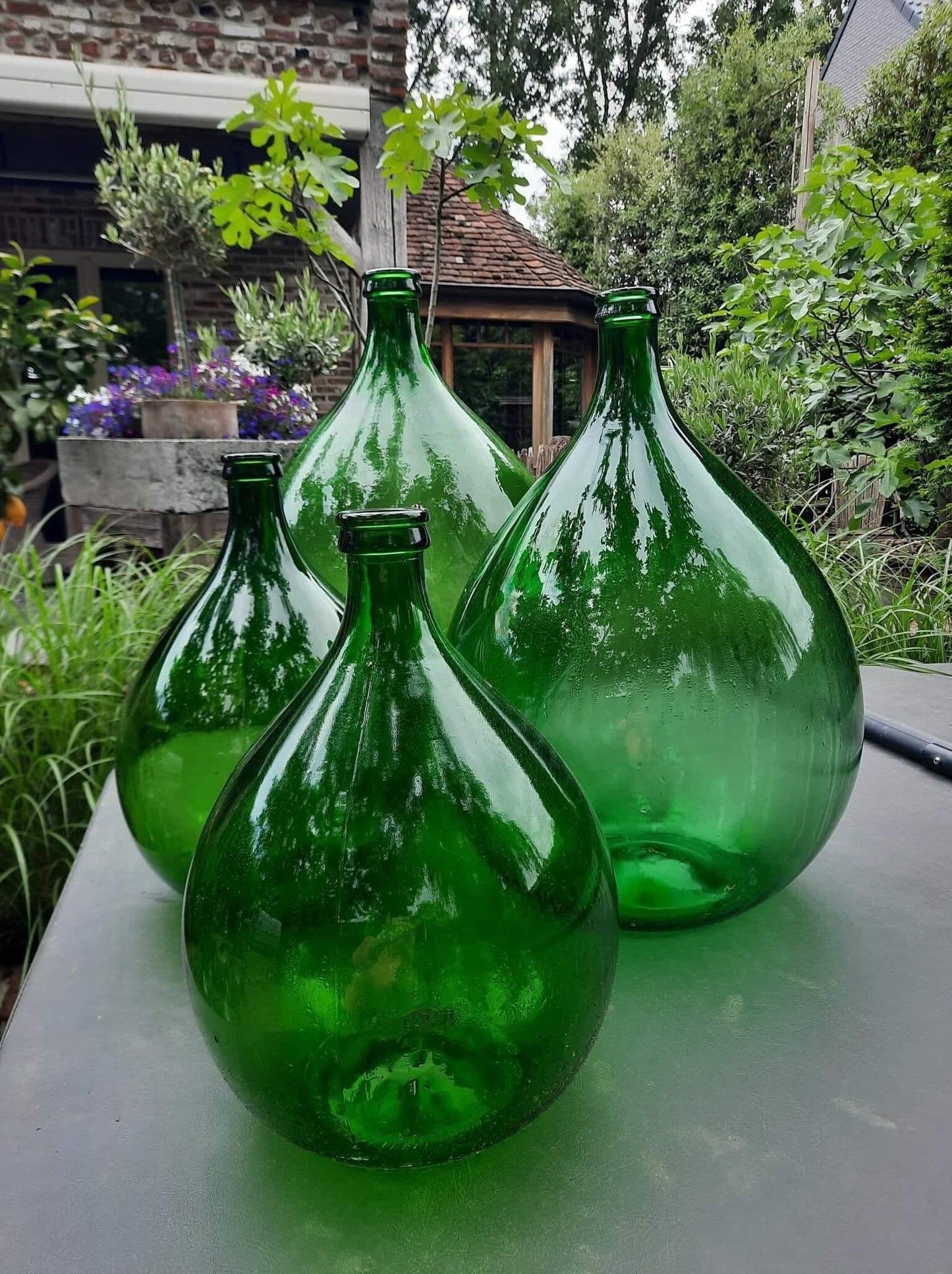 XXL antique French Dame jeanne 54L vert intense 1960s, antique Demijohn, vintage vase, chic decoration
