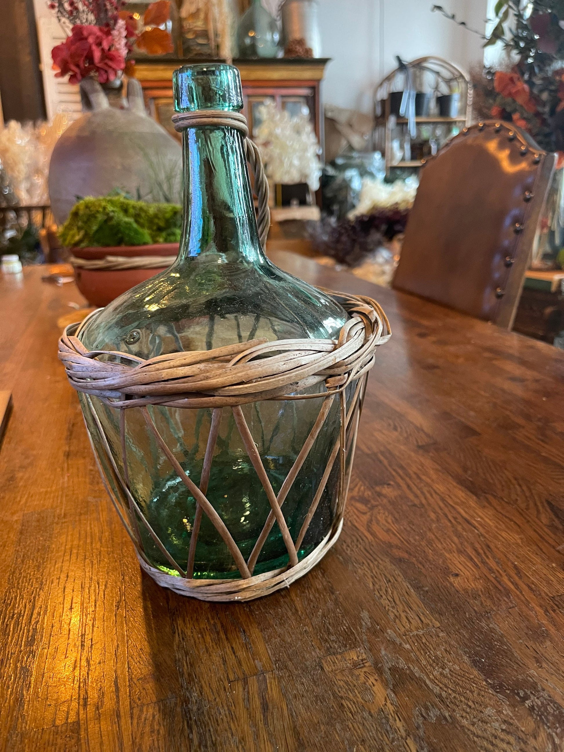 Vintage French Dame Jeanne 2L rattan light green