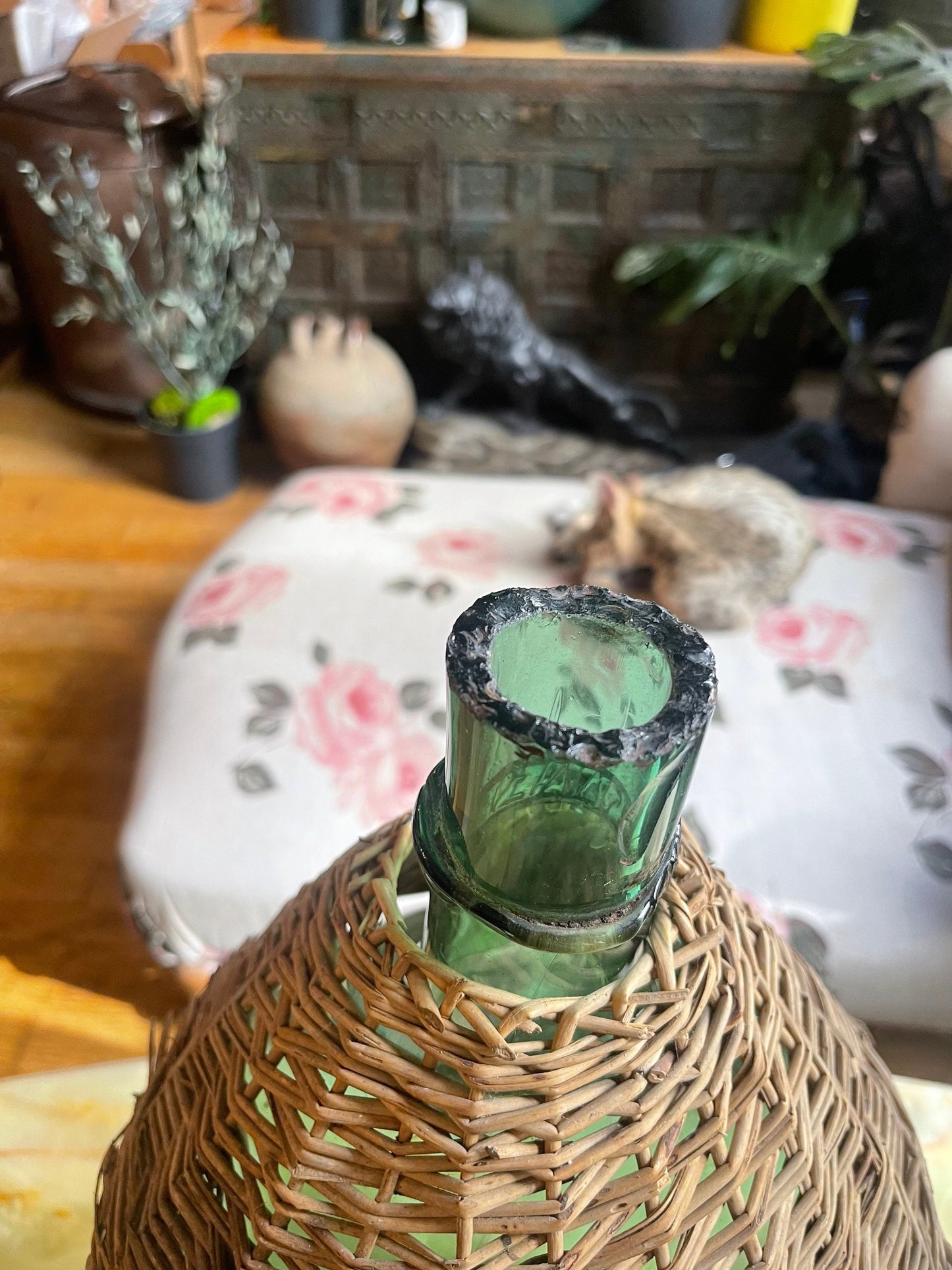 XL size 19th century antique French Blown vase Demijohn/Dame jeanne 20L with rattan wicker - saber neck