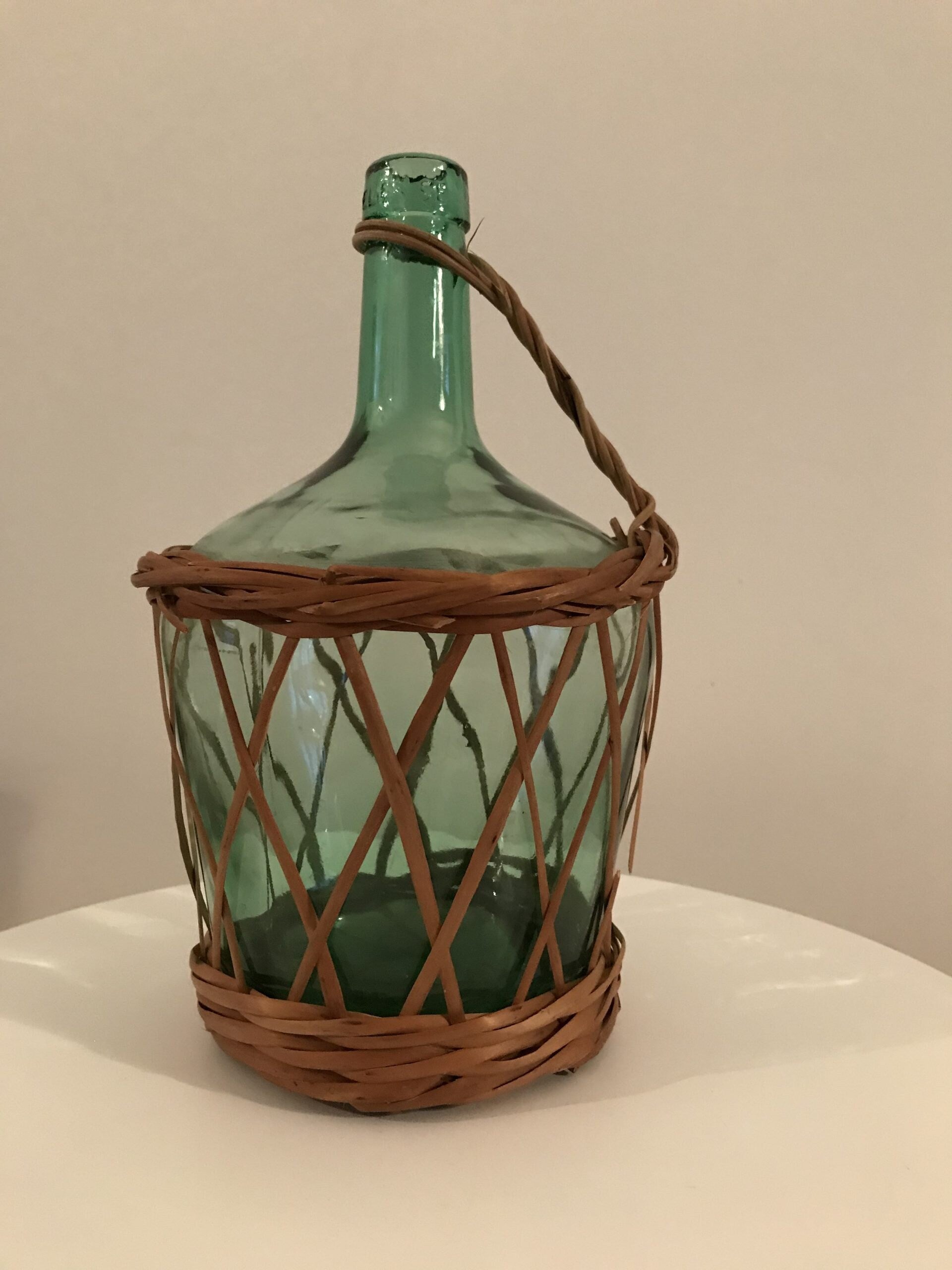 Vintage French Dame Jeanne 2L rattan light green