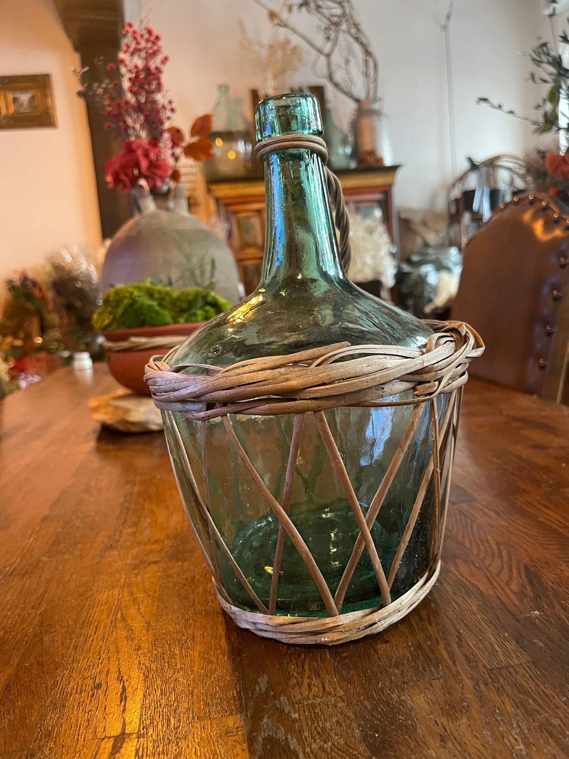 Vintage French Dame Jeanne 2L rattan light green