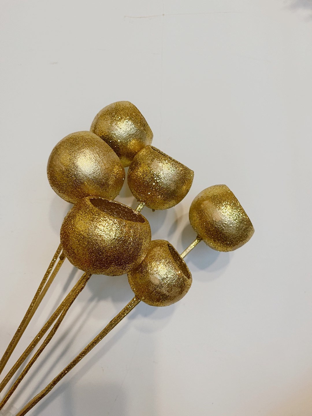 x6 Bell cup bleached on stalk gold glitter bunch, Noel decoration, Gold Bell Cups on Stems, DIY floral arrangements,christmas decor