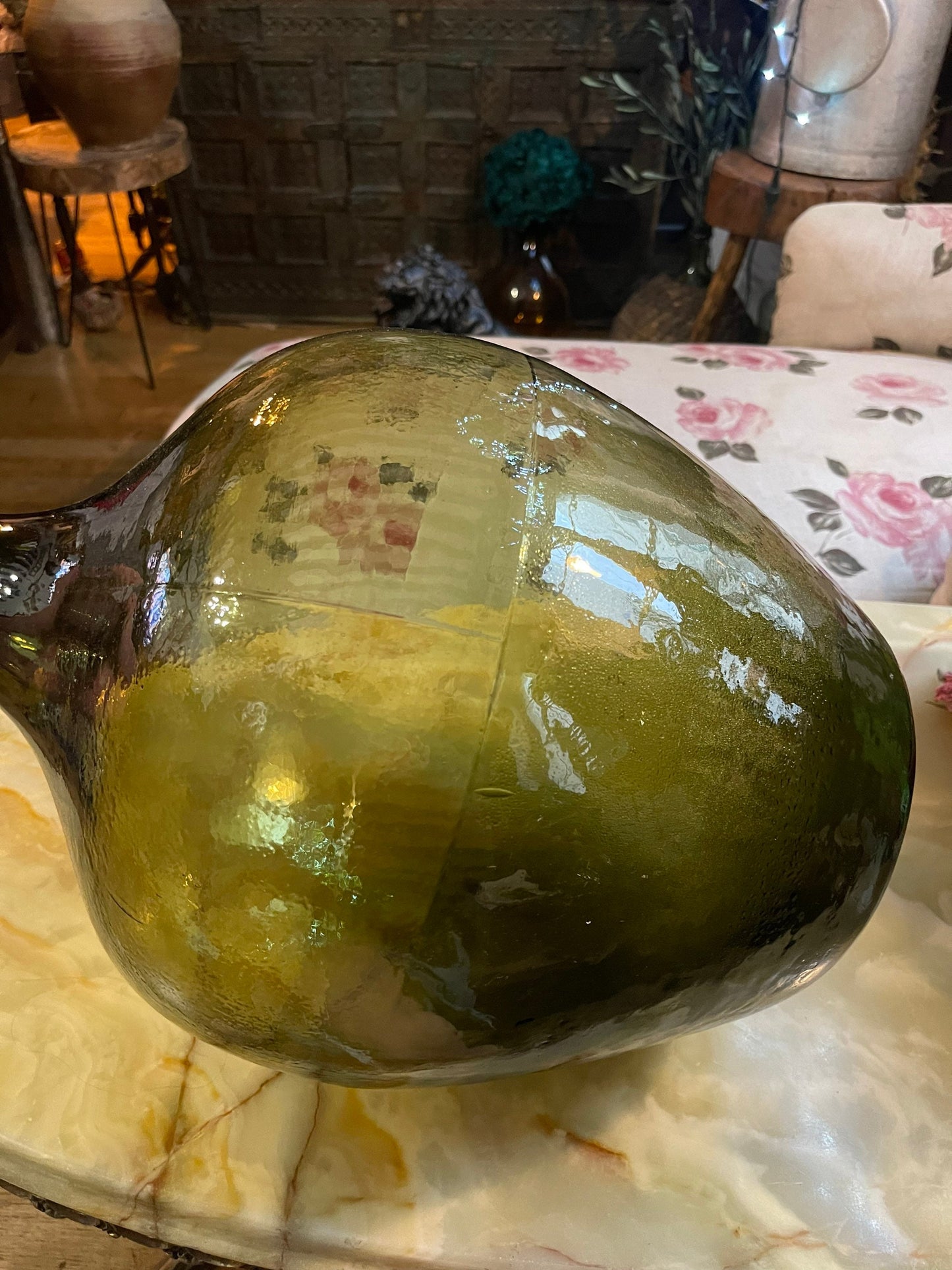 19th century Antique French Demijohn carboy verre soufflé olive color vintage 1950s rare form 20Liters