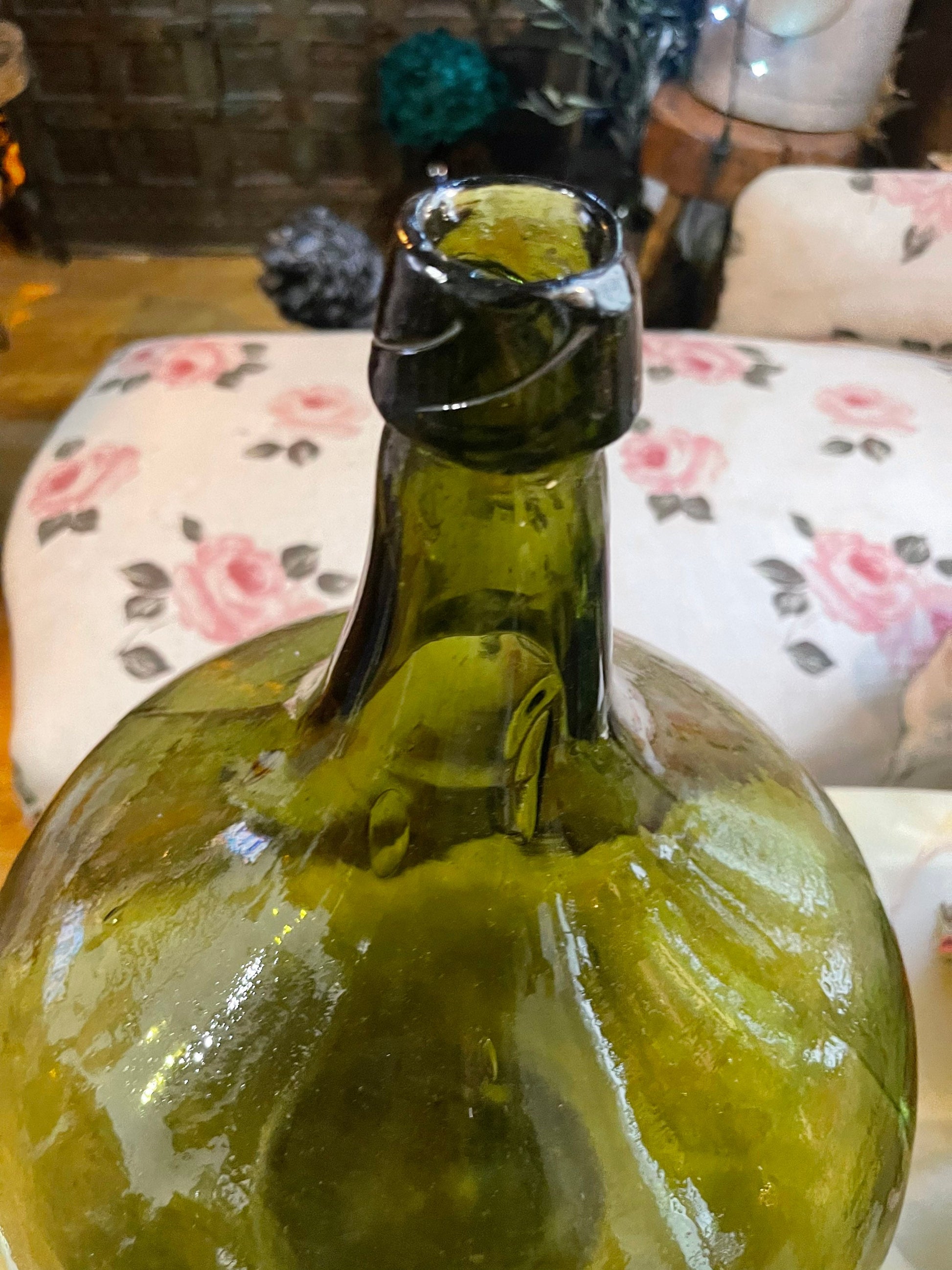 19th century Antique French Demijohn carboy verre soufflé olive color vintage 1950s rare form 20Liters