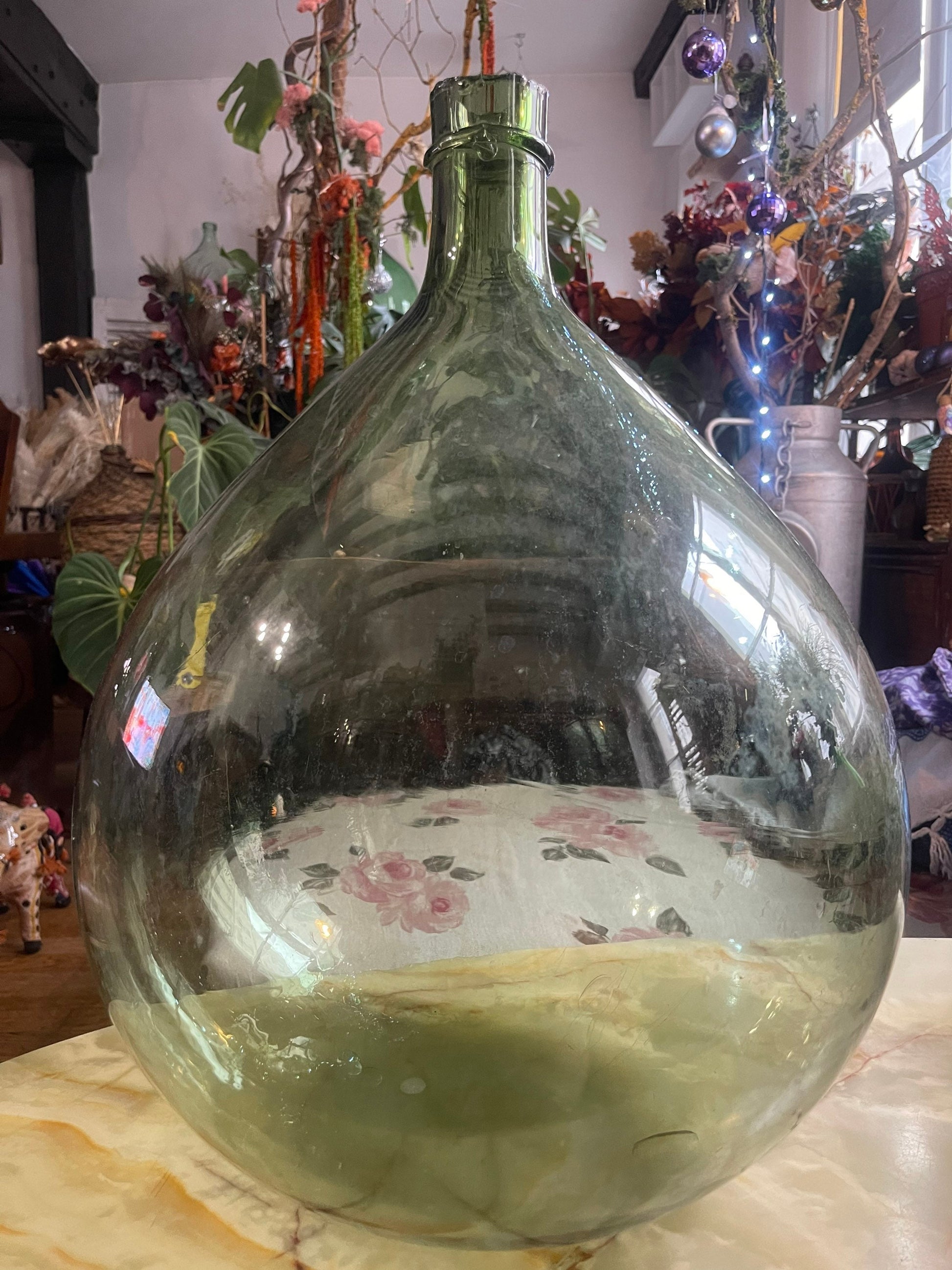 Rare French antique Demijohn carboy 30L, blow glass saber neck vintage 1900s