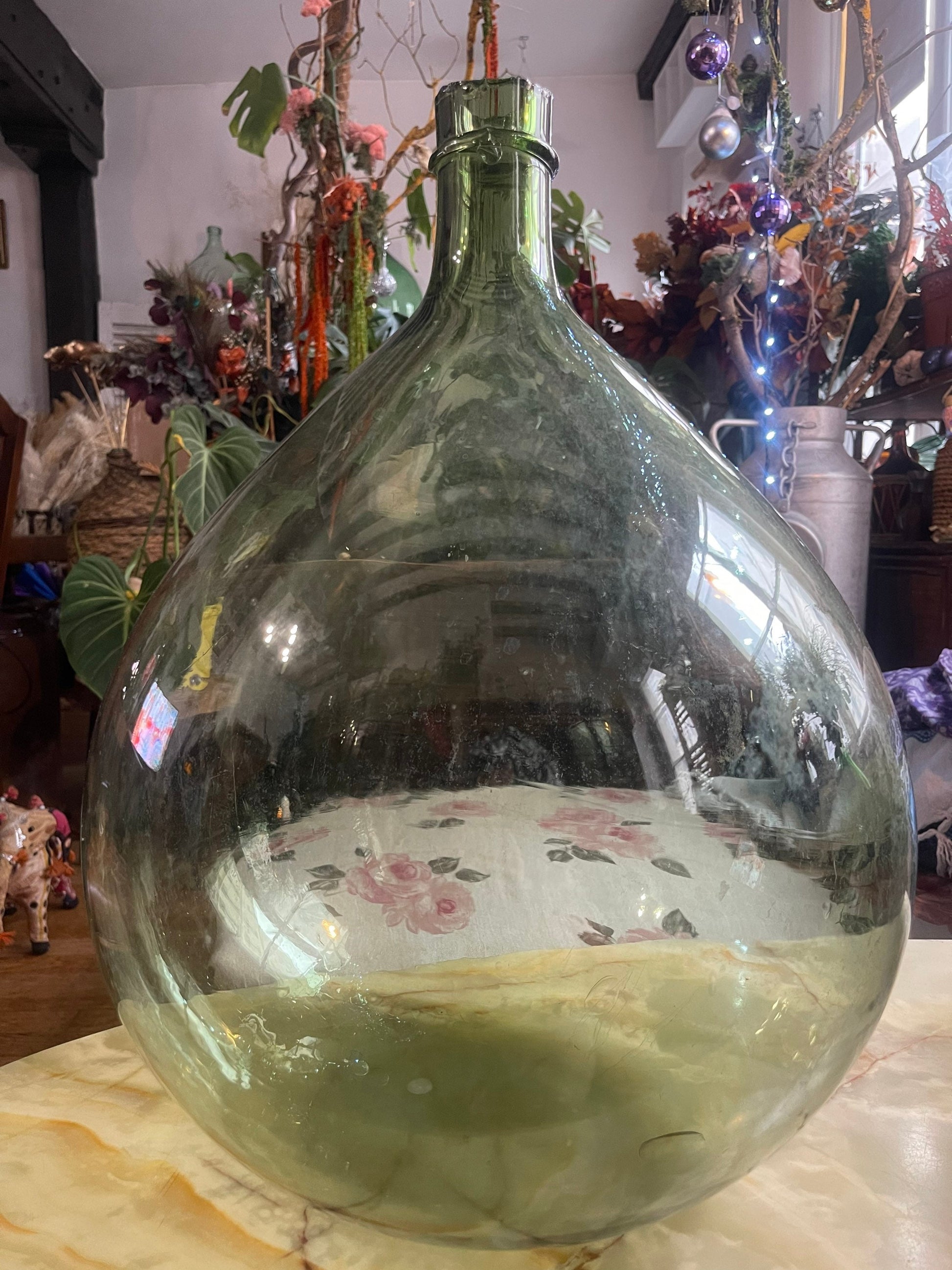 Rare French antique Demijohn carboy 30L, blow glass saber neck vintage 1900s