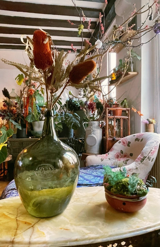 19th century Antique French Demijohn carboy verre soufflé olive color vintage 1950s rare form 20Liters