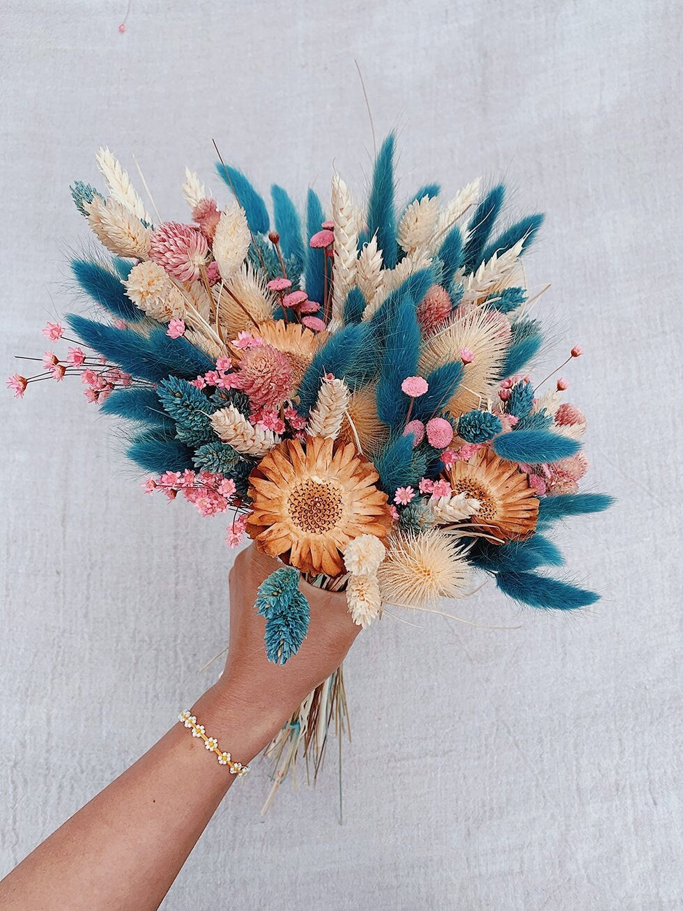 Bouquet KRISTINA, rustic bunch,lagurus mix protea decoration, dried composition flower, wedding bouquet