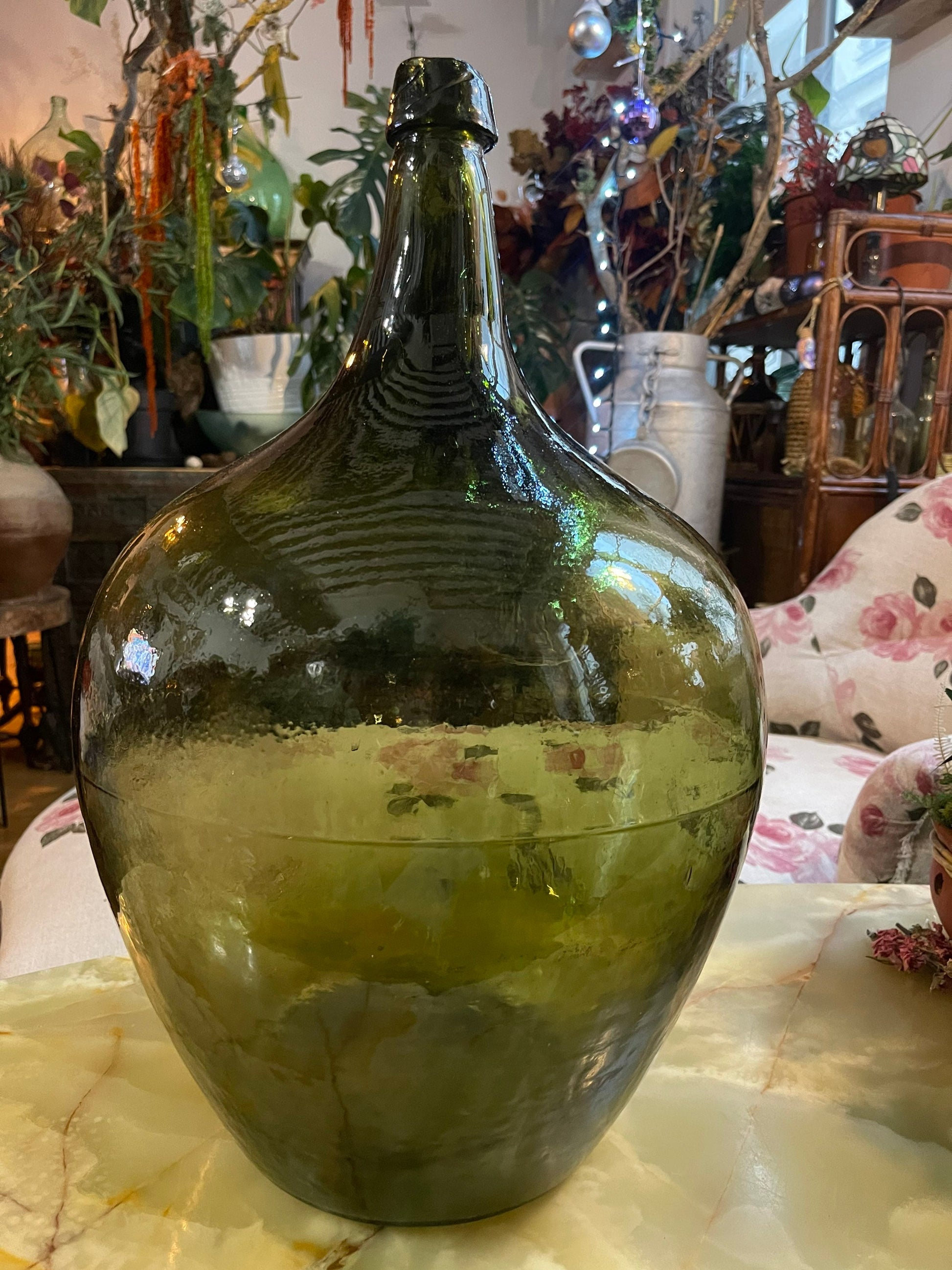 19th century Antique French Demijohn carboy verre soufflé olive color vintage 1950s rare form 20Liters