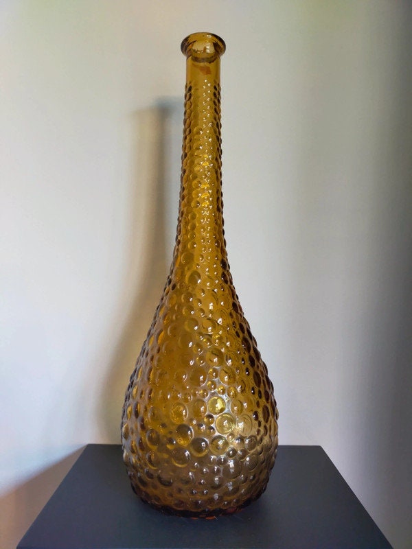Ancien Rossini Empoli Italy Amber diamond Pattern Art Glass Decanter Genie Bottle 1960s