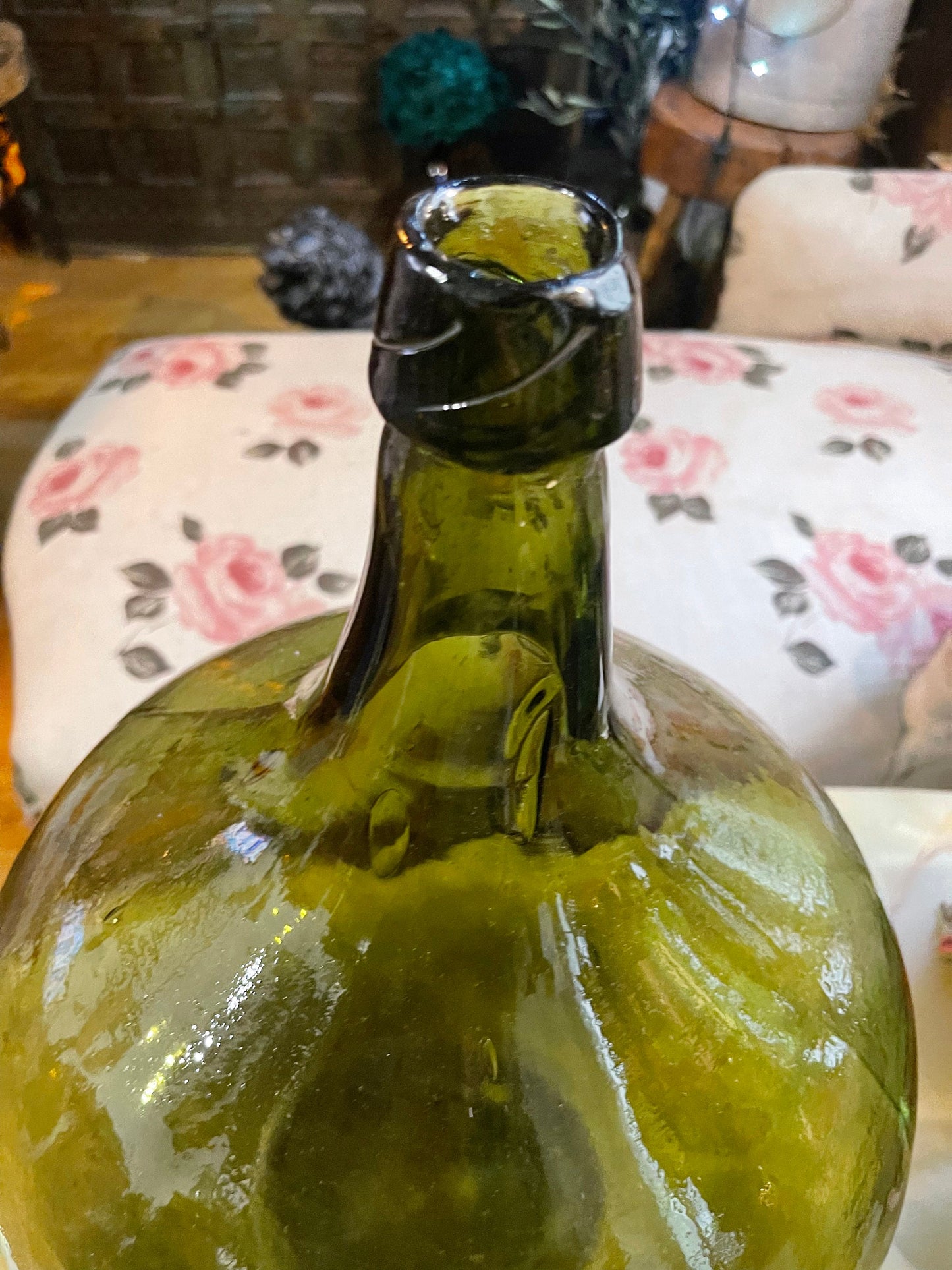 19th century Antique French Demijohn carboy verre soufflé olive color vintage 1950s rare form 20Liters