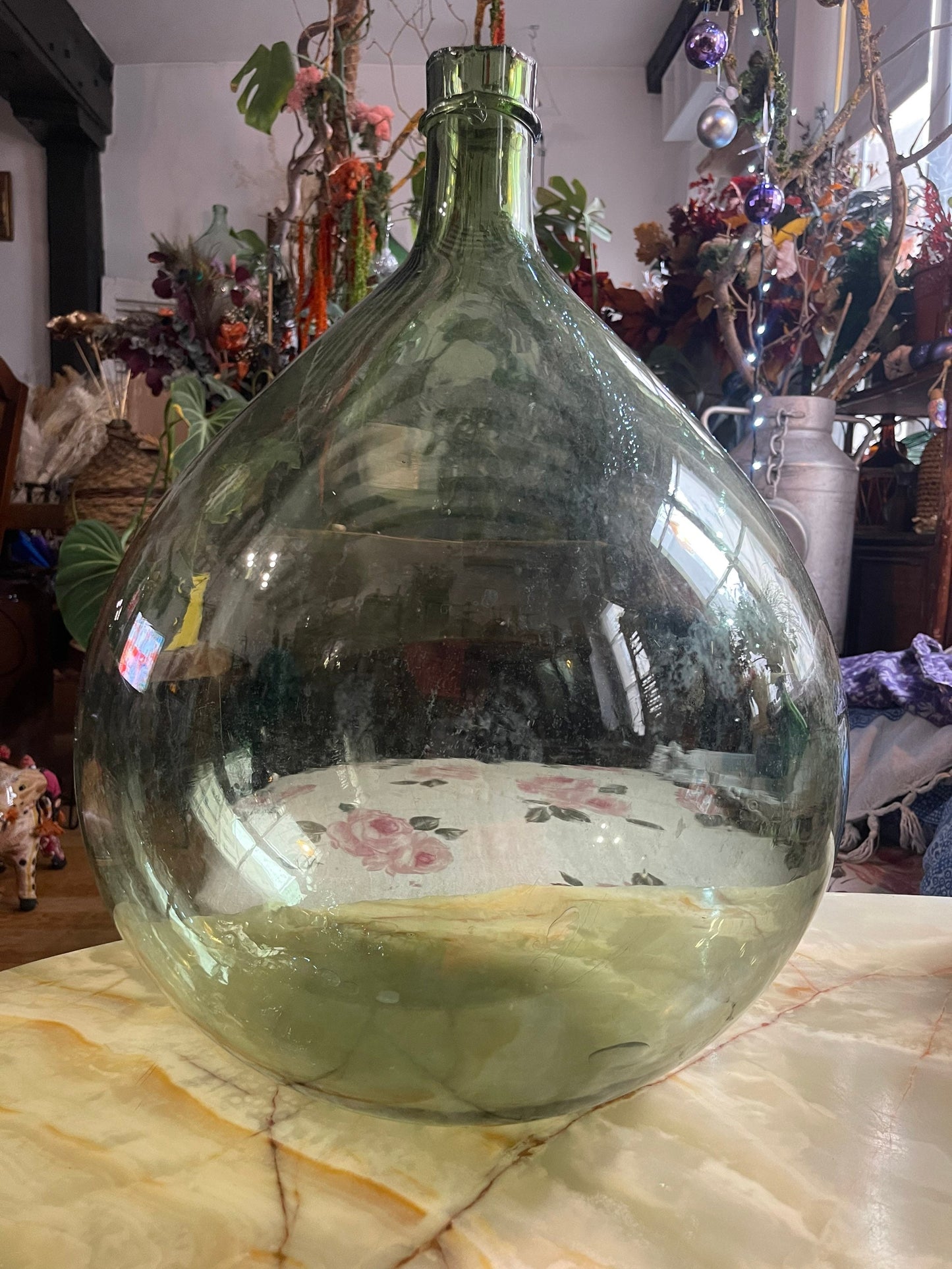 Rare French antique Demijohn carboy 30L, blow glass saber neck vintage 1900s