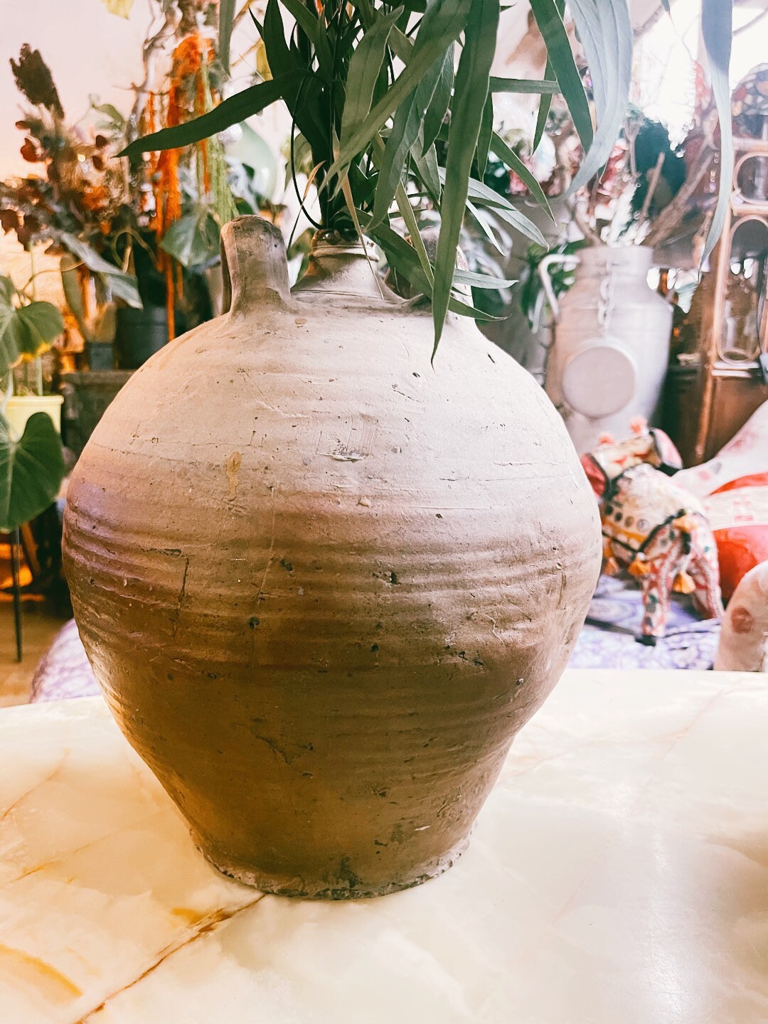 Large antique French stoneware dame jeanne/ hand thrown wine jar / vintage rustic farmhouse pottery