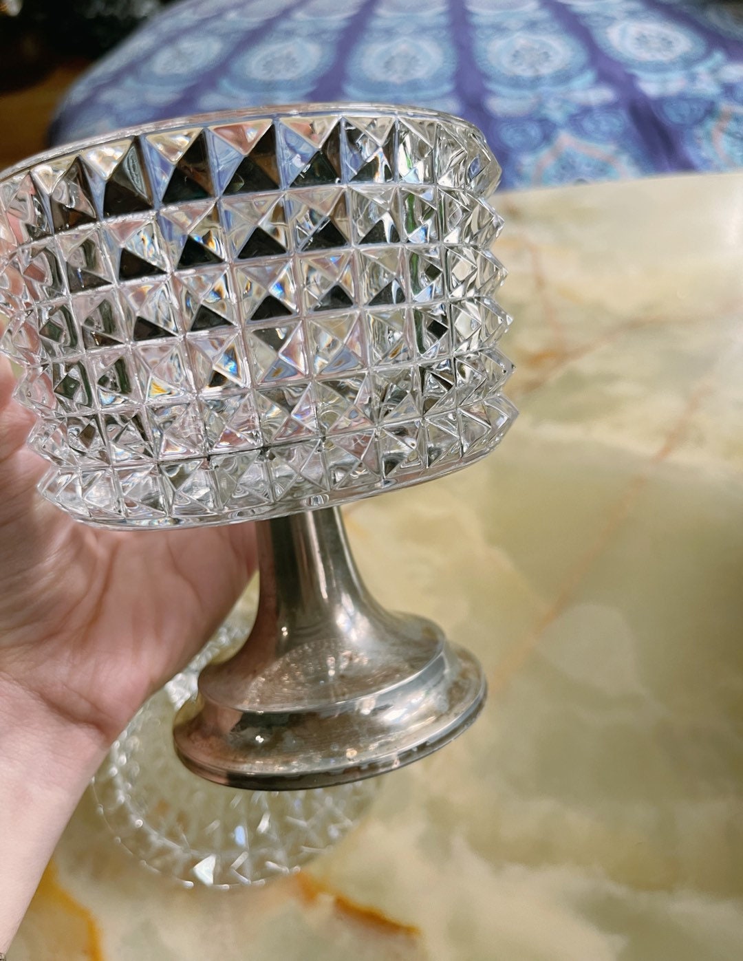 Antique jewelry box /Cristal Bonboniere Silver metal Plated Base