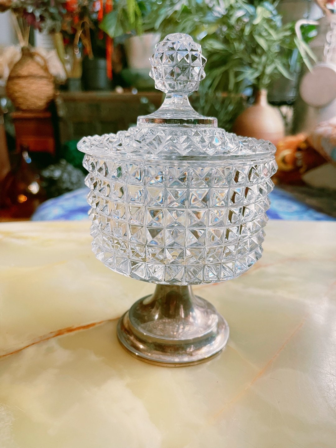 Antique jewelry box /Cristal Bonboniere Silver metal Plated Base