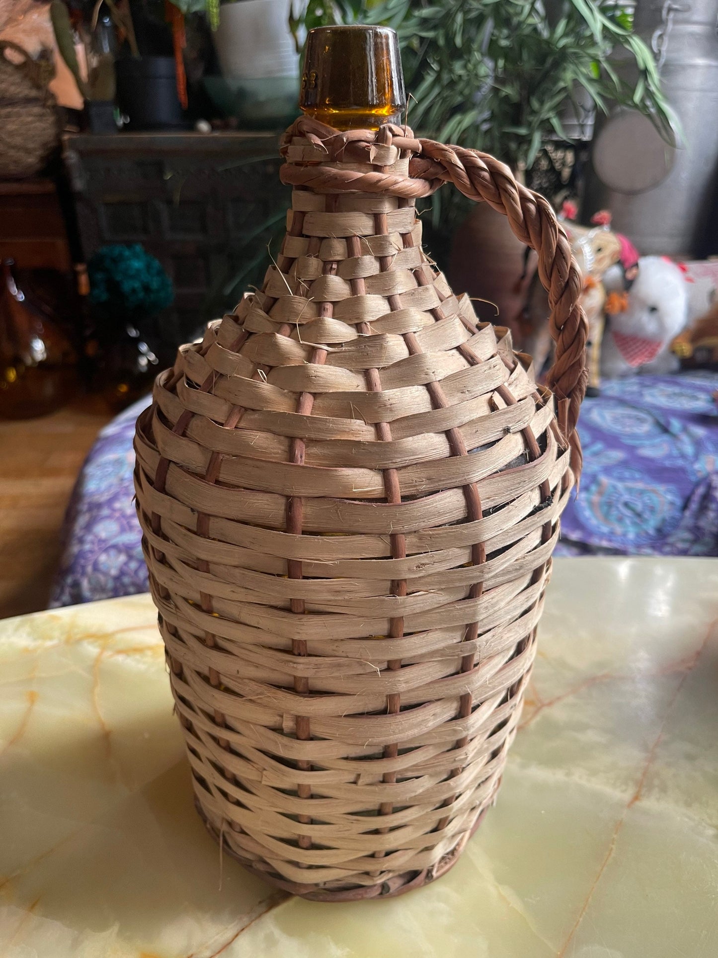 Ancien Amber Dame Jeanne with it original wicker, amber demijohn 1960s