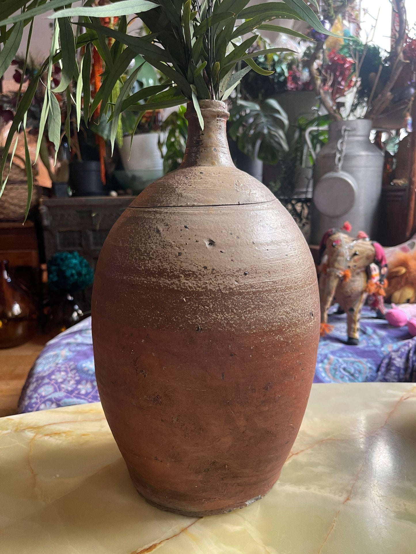 Large antique French stoneware dame jeanne/ hand thrown wine jar / vintage rustic farmhouse pottery