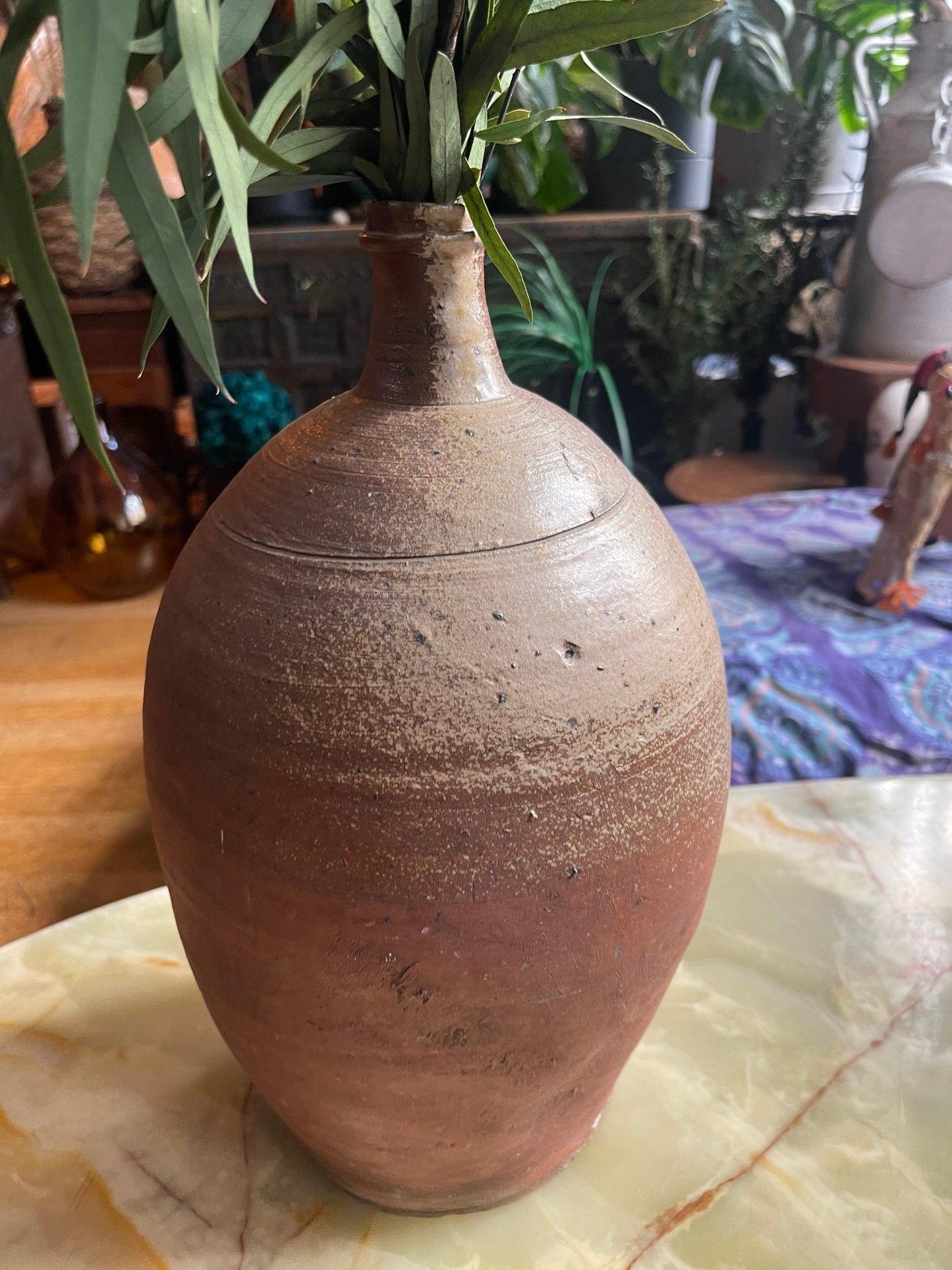 Large antique French stoneware dame jeanne/ hand thrown wine jar / vintage rustic farmhouse pottery