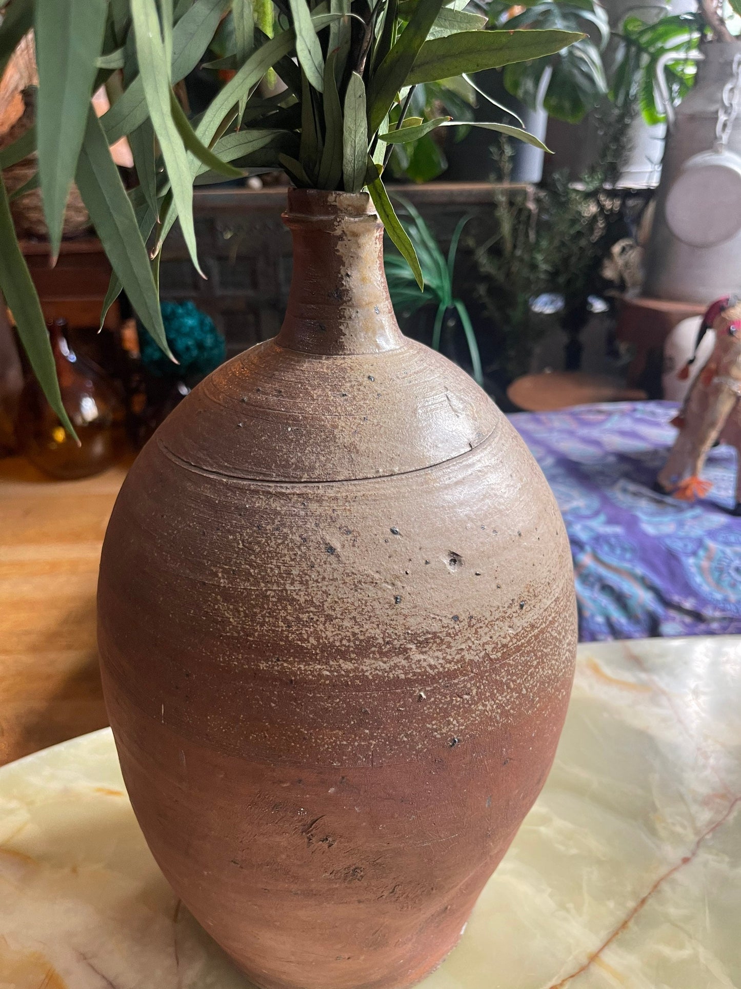 Large antique French stoneware dame jeanne/ hand thrown wine jar / vintage rustic farmhouse pottery