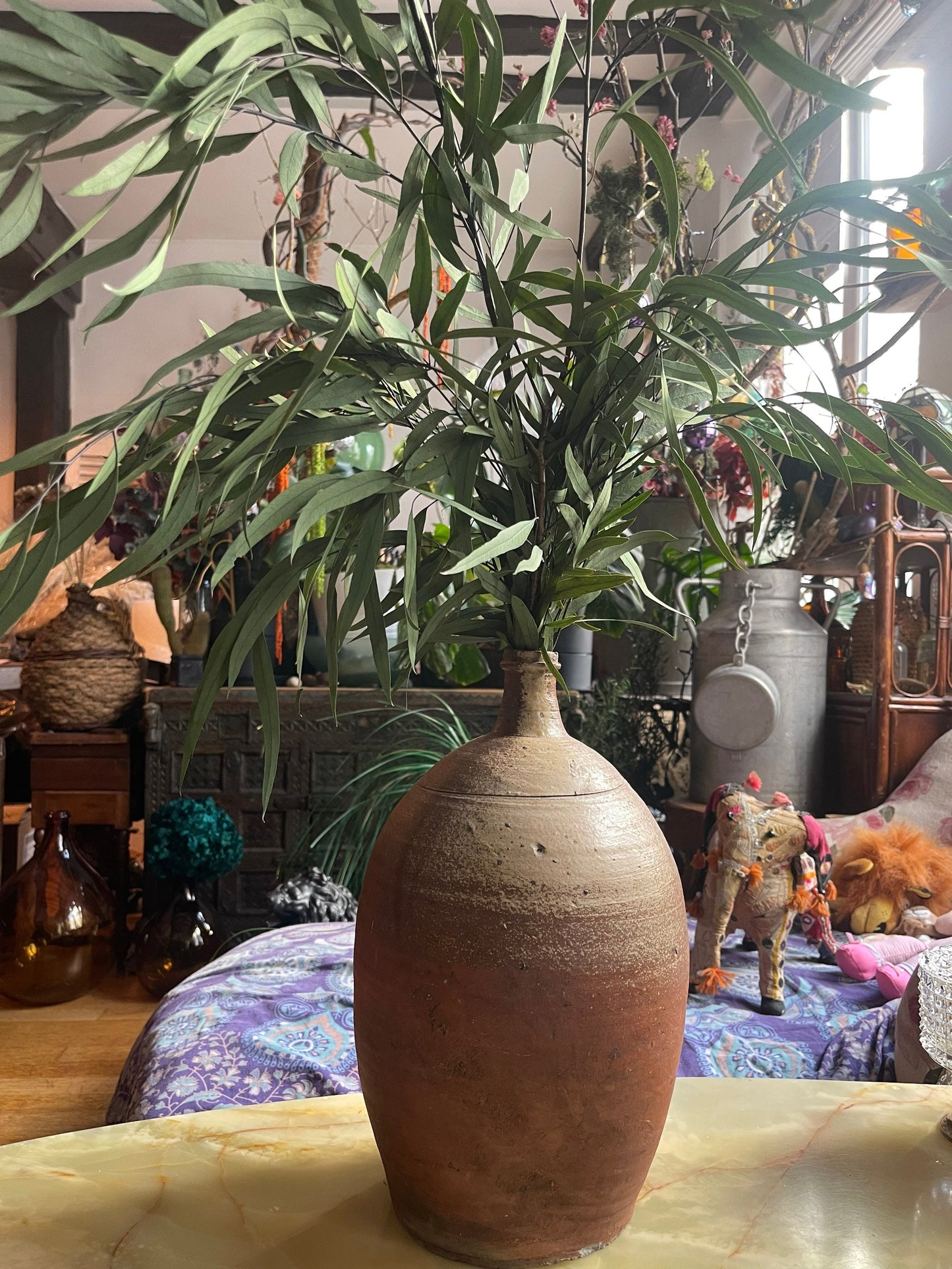 Large antique French stoneware dame jeanne/ hand thrown wine jar / vintage rustic farmhouse pottery