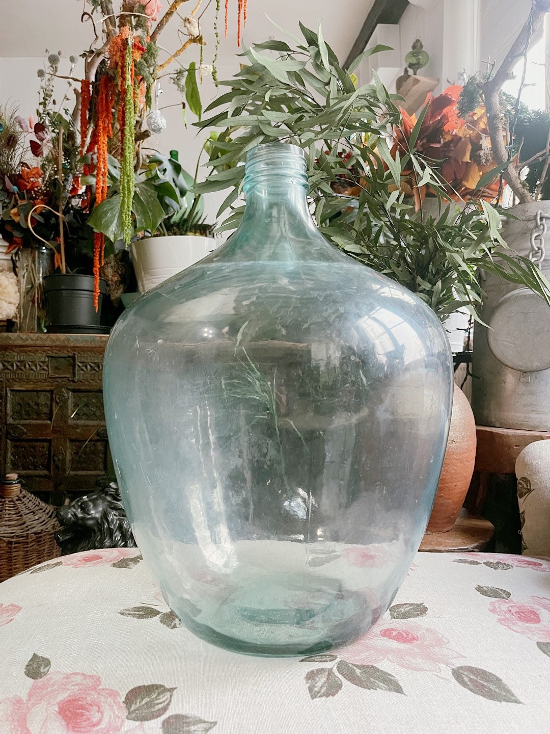 XXL Unusual form rare Demijohn transparent 40L, antique glassware 1900s