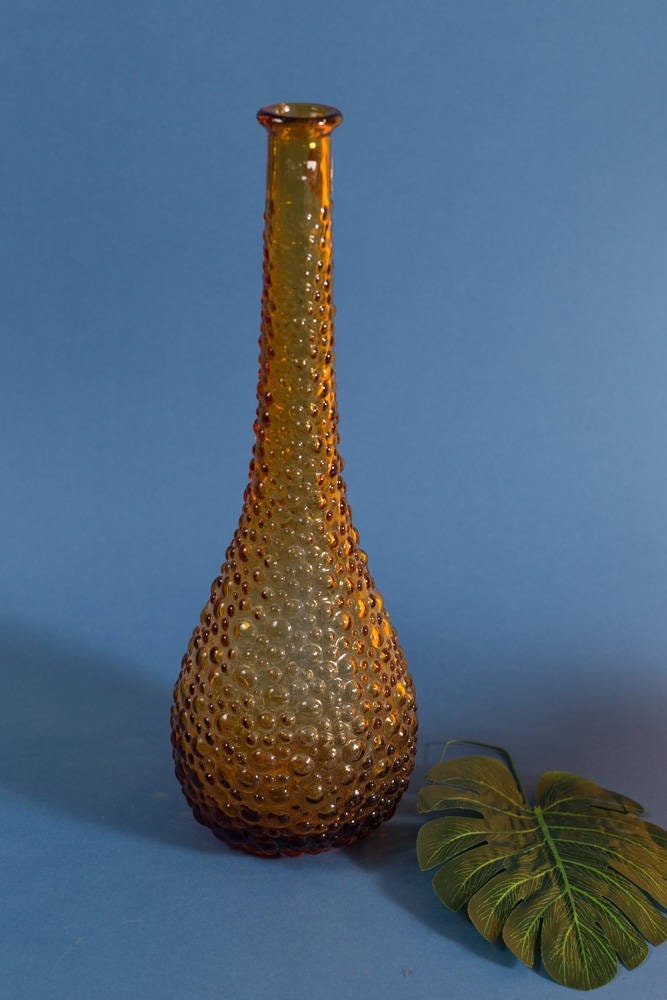 Ancien Rossini Empoli Italy Amber diamond Pattern Art Glass Decanter Genie Bottle 1960s