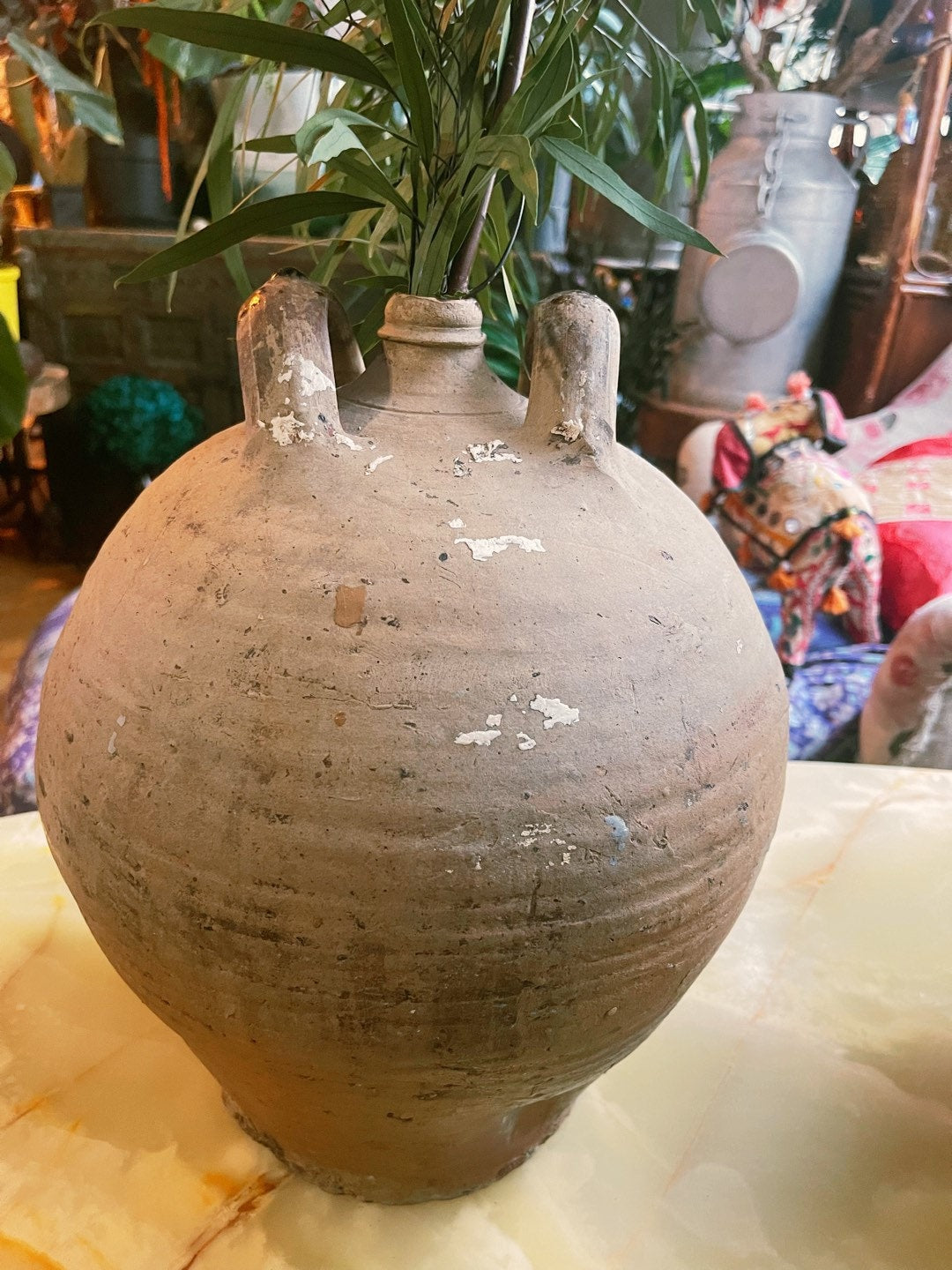 Large antique French stoneware dame jeanne/ hand thrown wine jar / vintage rustic farmhouse pottery