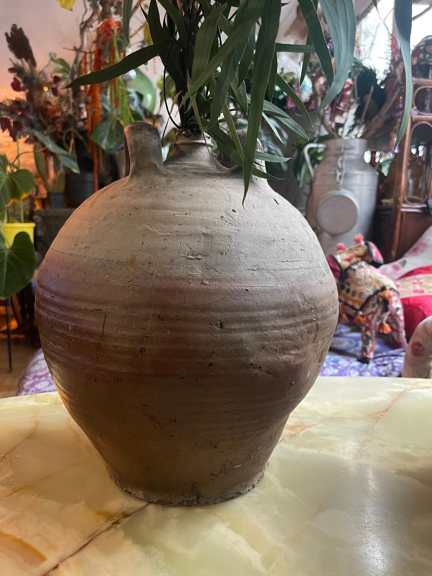 Large antique French stoneware dame jeanne/ hand thrown wine jar / vintage rustic farmhouse pottery