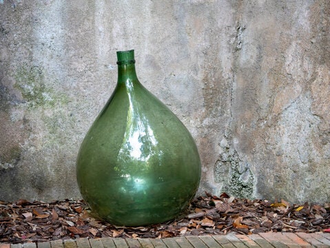 Very rare - XXL Dame jeanne 40L blow glass - Demijohn carboy vert moss, antique vase 1900s, vintage vase